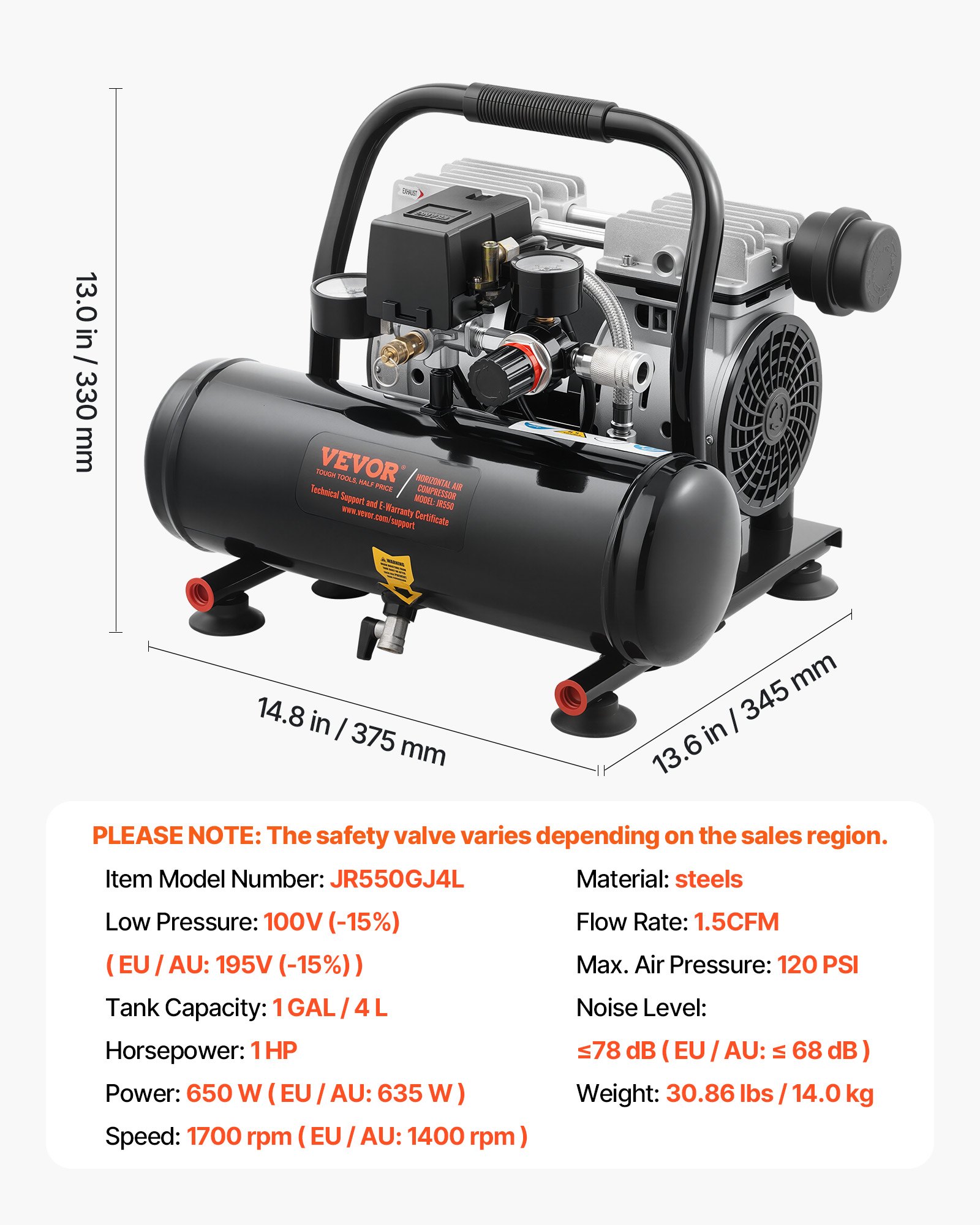VEVOR 1HP Ultra Quiet Oil-Free Air Compressor, 1 Gallon Steel Tank, 1.5 CFM@6.2bar, 120PSI Max, for Auto Repair & Painting - Image 7