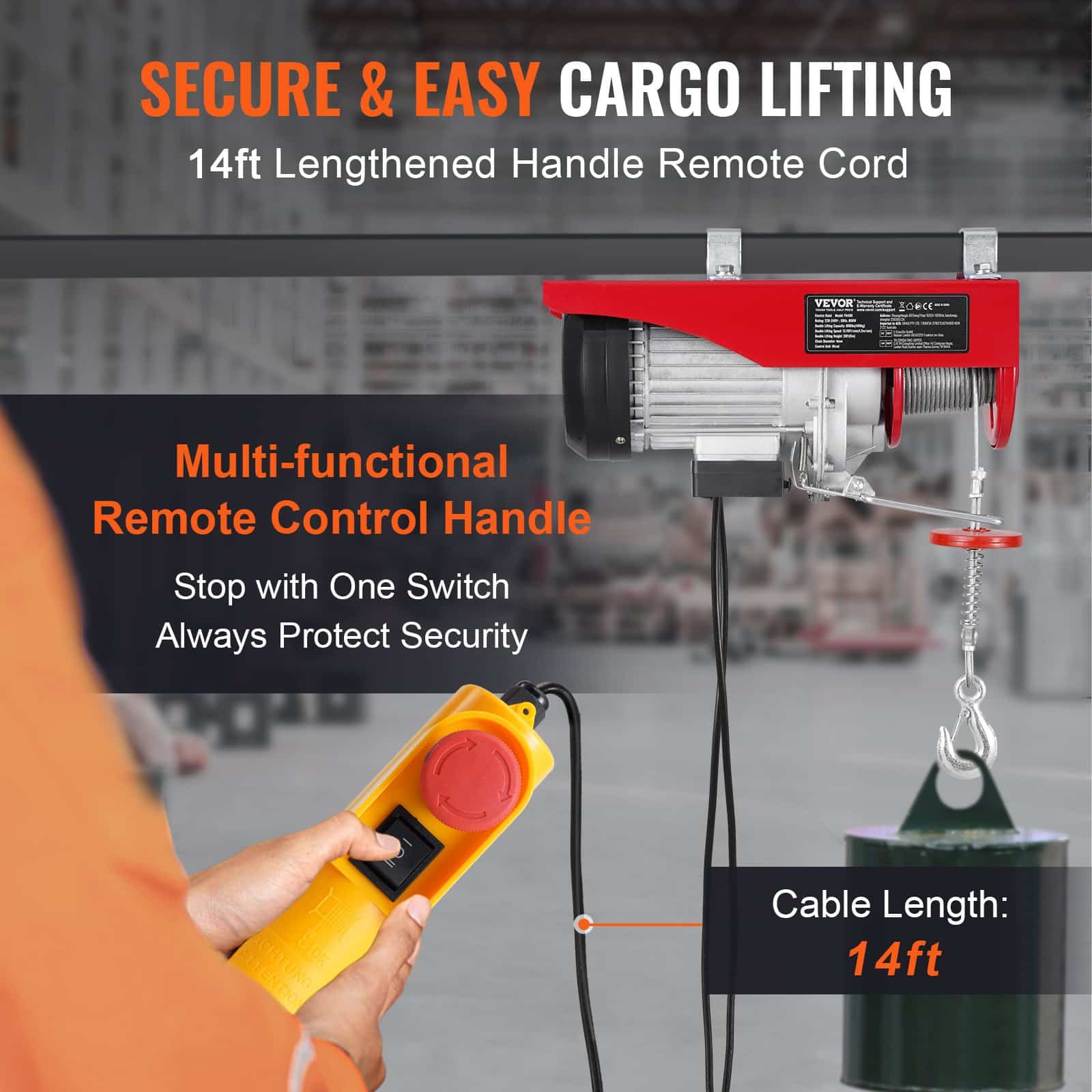 VEVOR 400 kg Electric Hoist 230V with 4.2 m Remote, 12 m Lift Height, Single/Double Cable, Emergency Stop, for Garage/Factory - Image 3