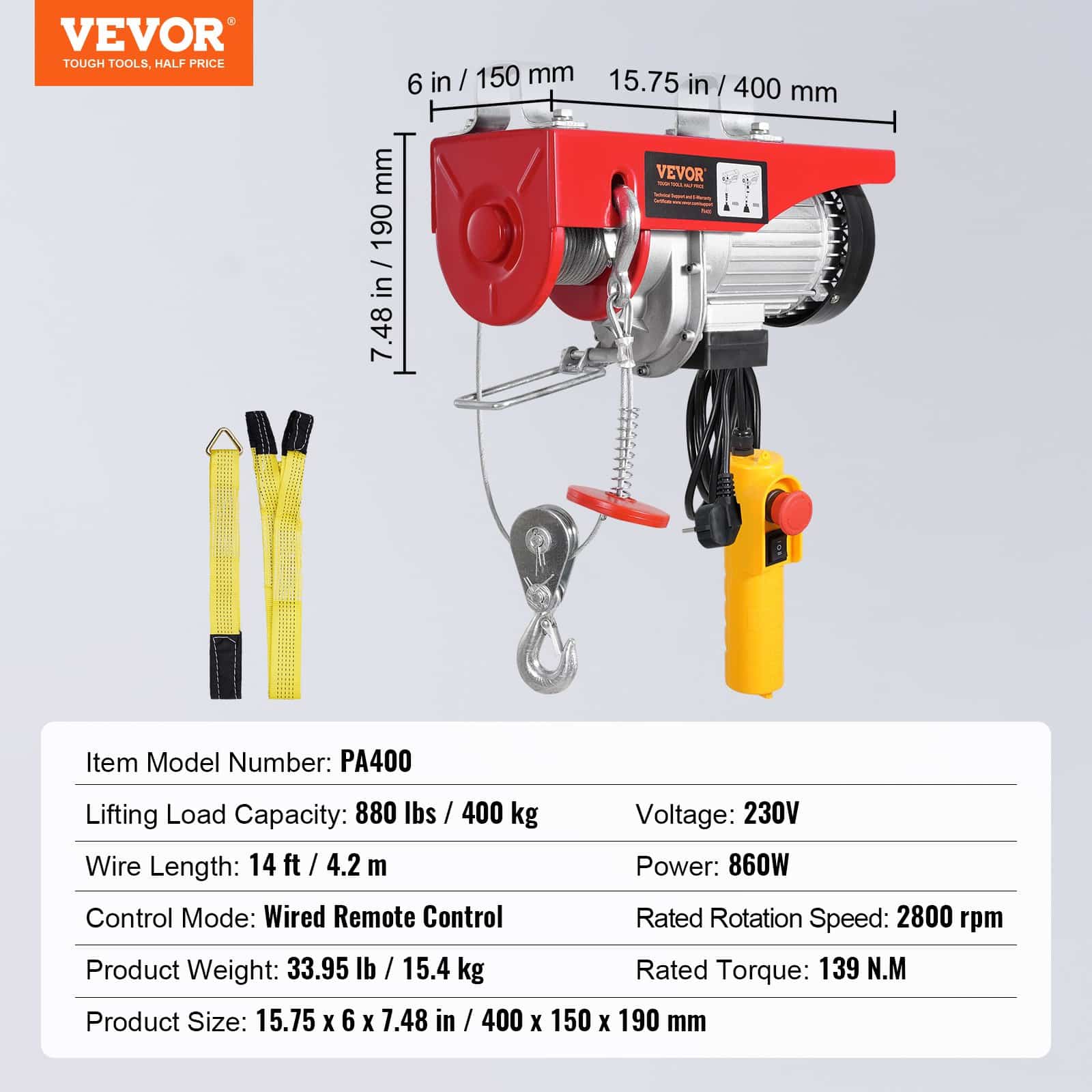 VEVOR 400 kg Electric Hoist 230V with 4.2 m Remote, 12 m Lift Height, Single/Double Cable, Emergency Stop, for Garage/Factory - Image 7
