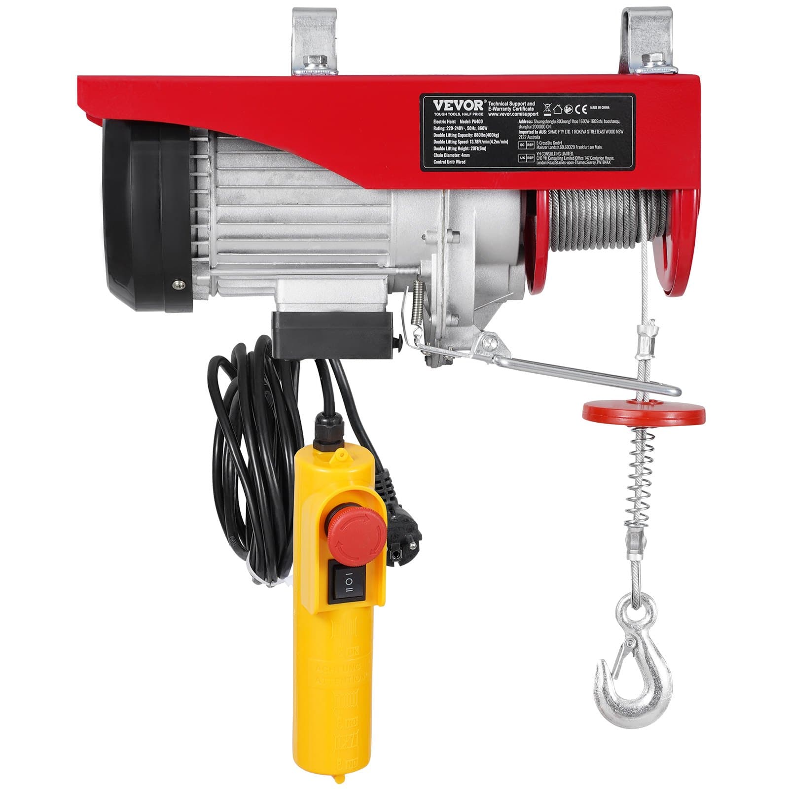 VEVOR 400 kg Electric Hoist 230V with 4.2 m Remote, 12 m Lift Height, Single/Double Cable, Emergency Stop, for Garage/Factory - Image 10