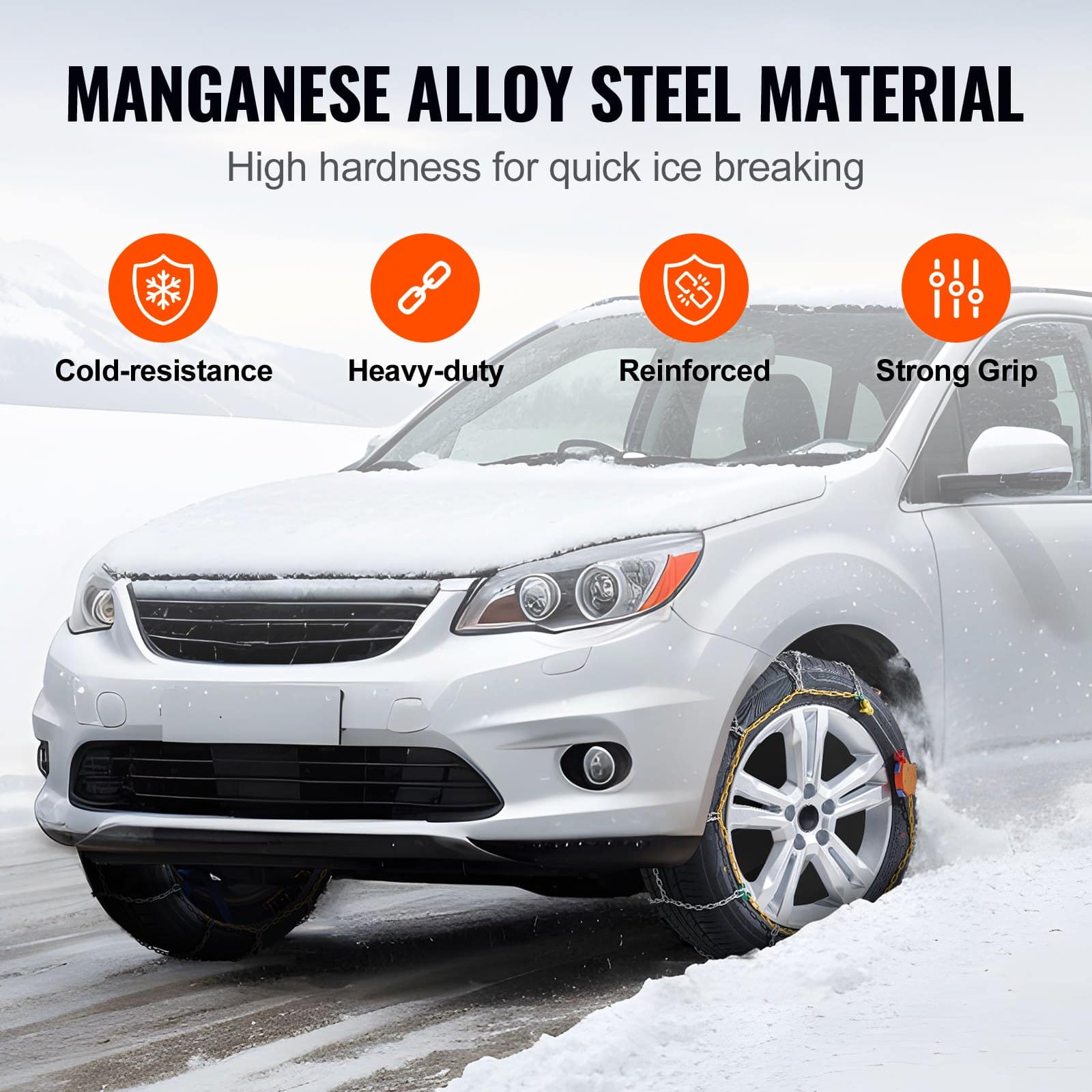 VEVOR Emergency Snow Chains for Cars, SUVs & Trucks, Manganese Steel, Auto-Tightening, Set of 2, Fits 175-15 to 225/55-14 Tires - Pilt 3