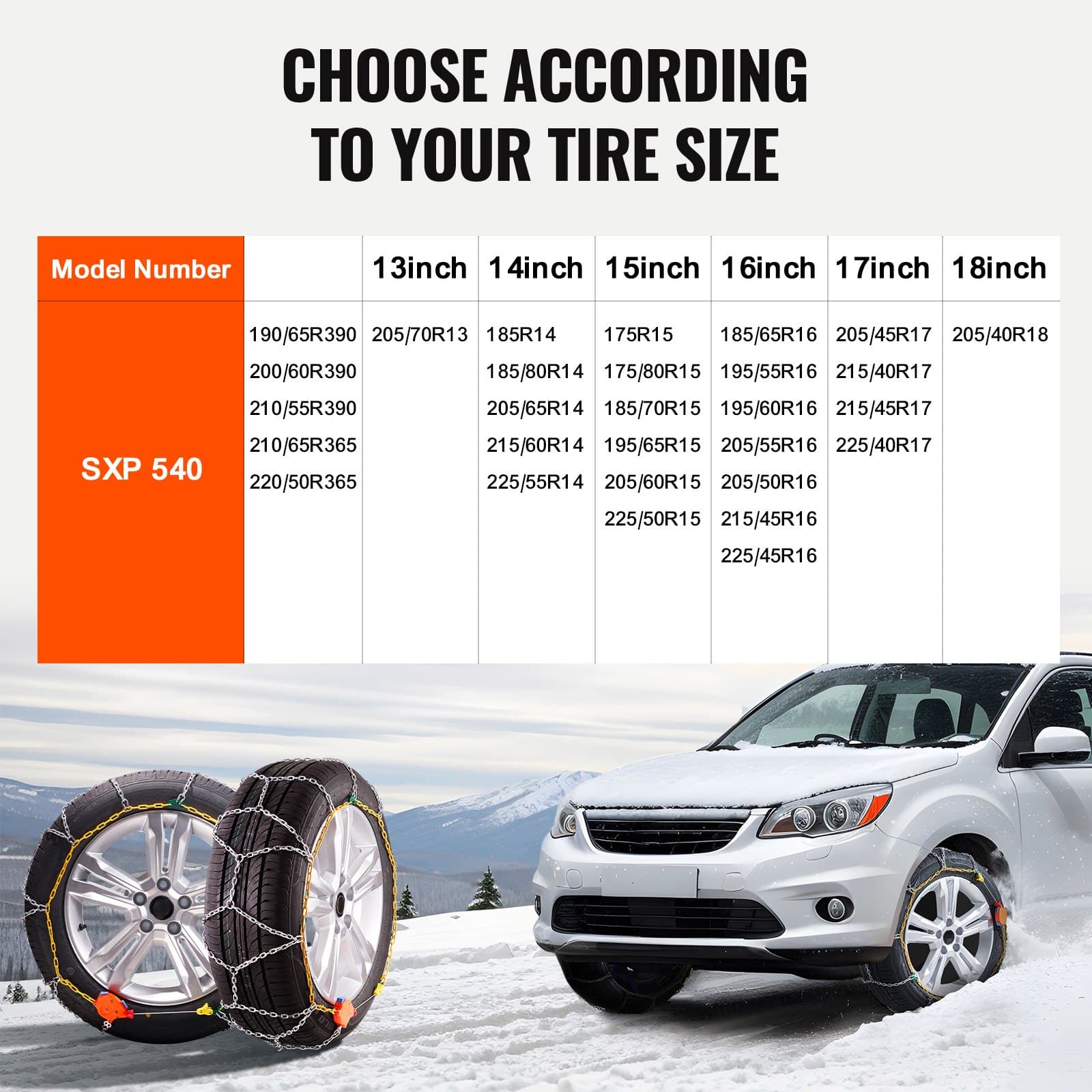 VEVOR Emergency Snow Chains for Cars, SUVs & Trucks, Manganese Steel, Auto-Tightening, Set of 2, Fits 175-15 to 225/55-14 Tires - Pilt 5