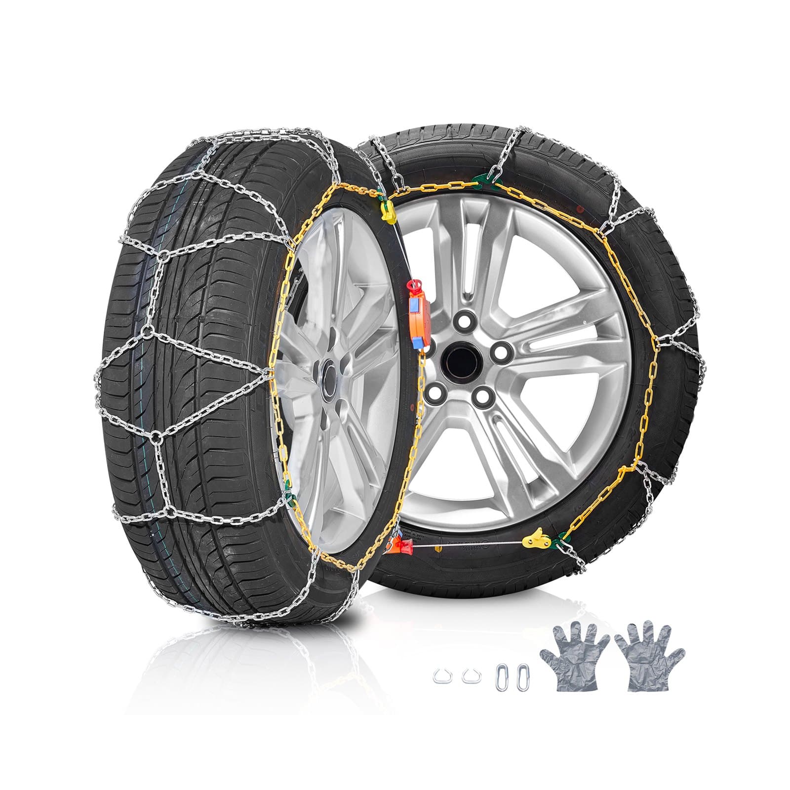 VEVOR Emergency Snow Chains for Cars, SUVs & Trucks, Manganese Steel, Auto-Tightening, Set of 2, Fits 175-15 to 225/55-14 Tires