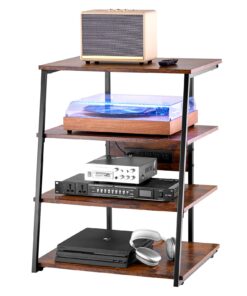 VEVOR 4-Tier AV Media Stand with LED Lights & Power Strip, Adjustable Wooden Shelves, Retro Brown TV Corner Rack
