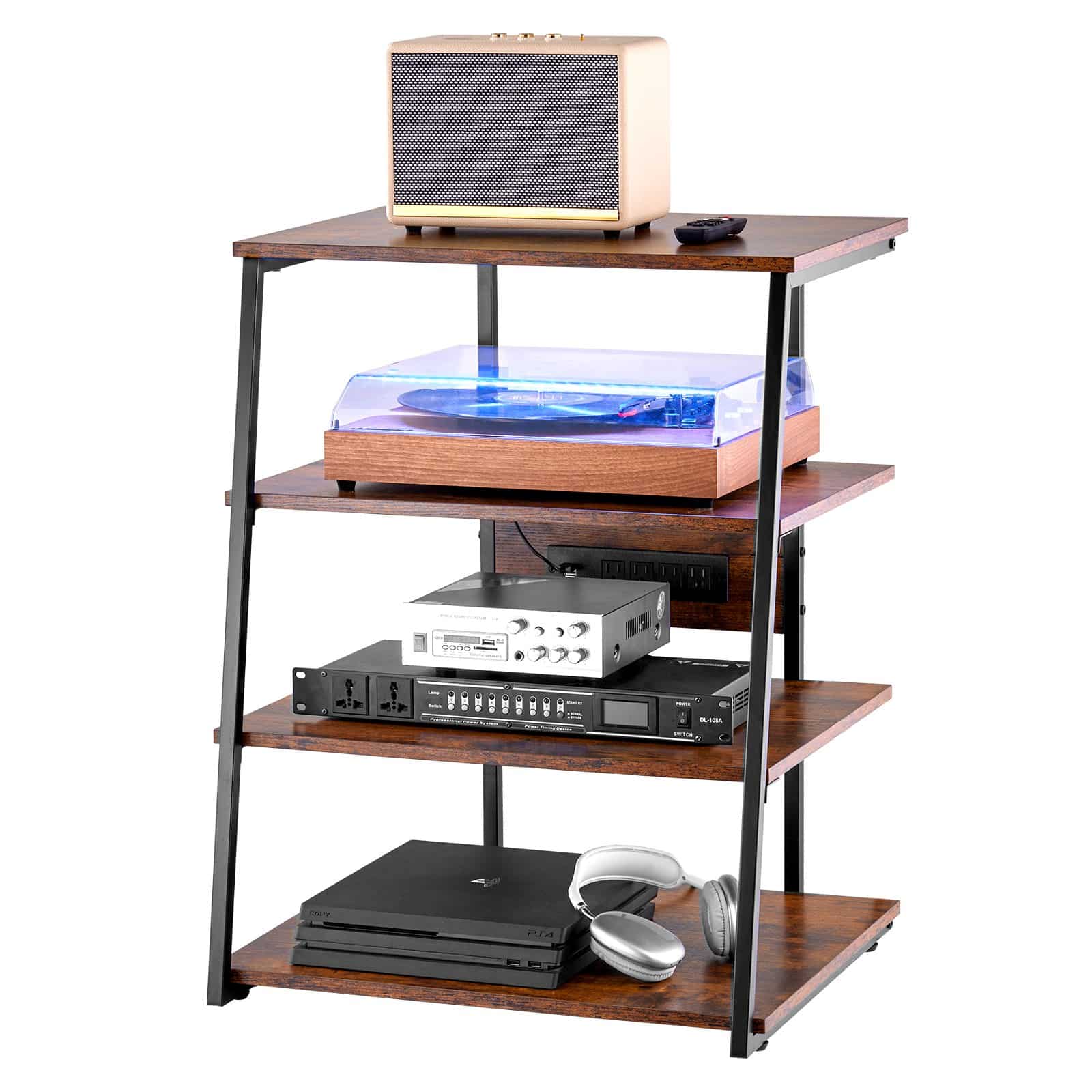 VEVOR 4-Tier AV Media Stand with LED Lights & Power Strip, Adjustable Wooden Shelves, Retro Brown TV Corner Rack