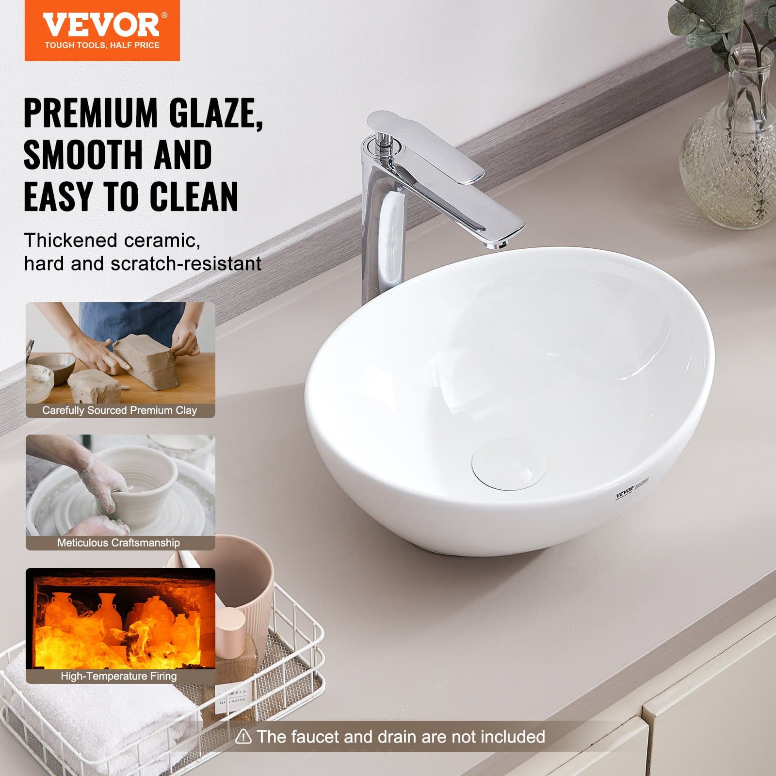 VEVOR Oval Ceramic Vessel Sink 40.6×34 cm, White Countertop Bathroom Bowl, Modern Design, Splash Guard, for Home, Hotel, RV - Pilt 2