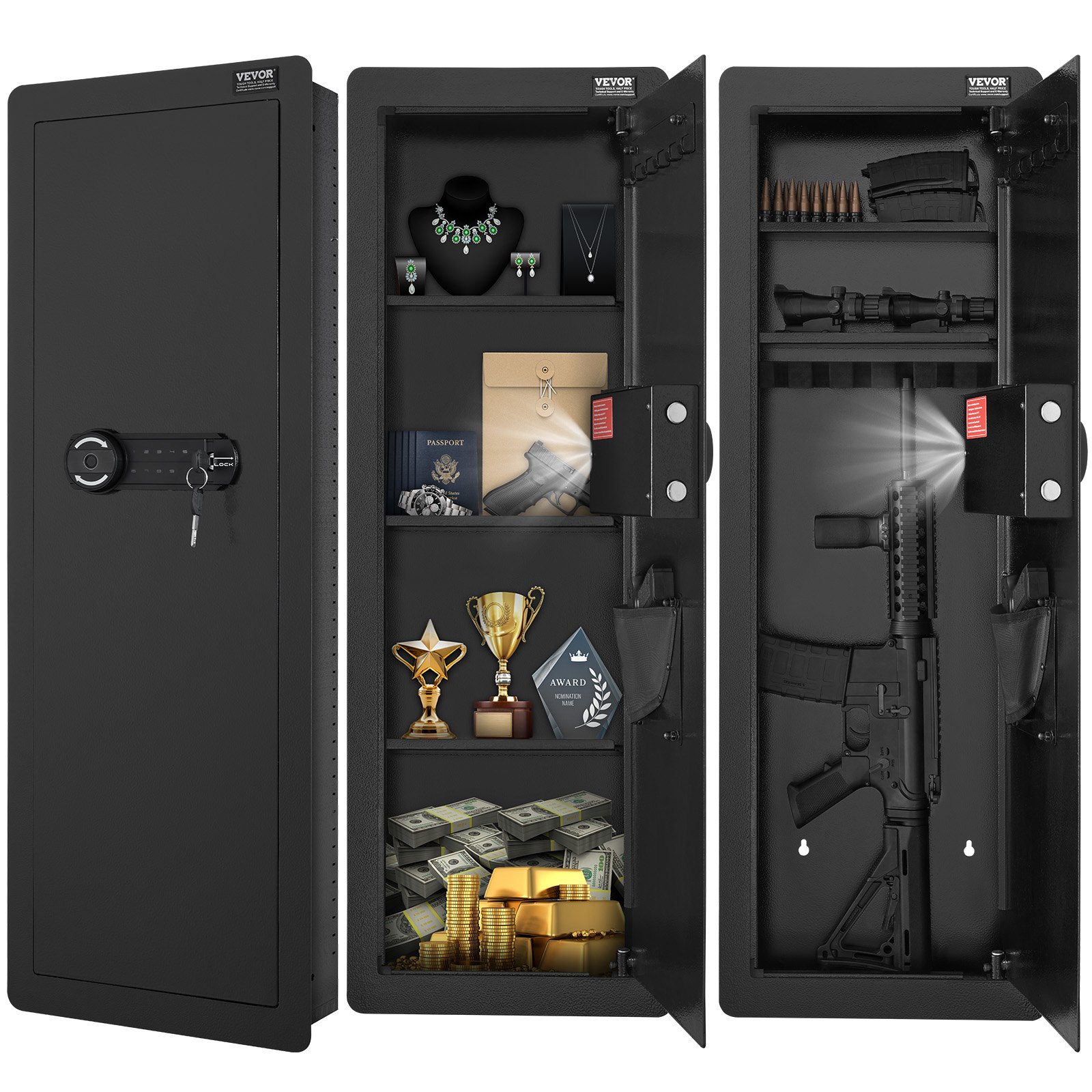VEVOR 109 cm Wall-Mounted Gun Safe with 4 Tiers, Fingerprint & Keypad Lock, Hidden Compartment, Dual Alarm System