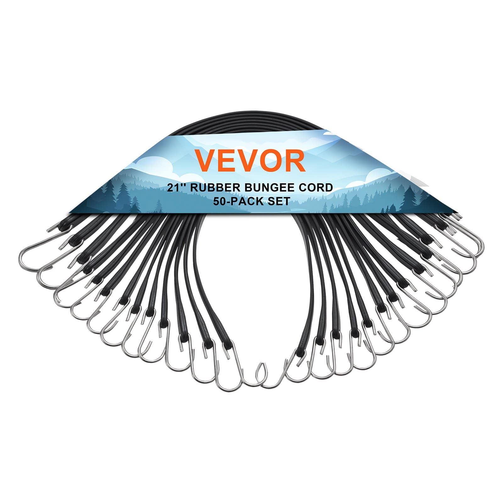 VEVOR 50-Pack 53 cm Heavy-Duty Flat Bungee Cords with Steel S-Hooks – Elastic Straps for Cargo, Tarps, Trucks & Tents, Black