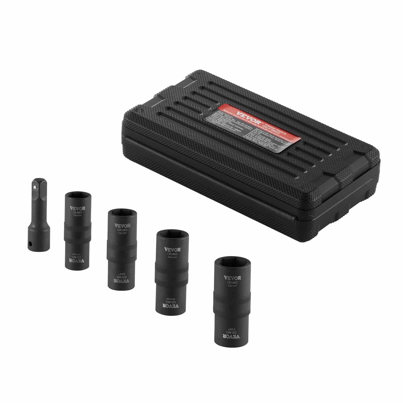 VEVOR 1/2" Drive 6-Point Flip Impact Lug Nut Socket Set, 17–22 mm, CR-MO Steel, with Case & Extension for Auto Repair