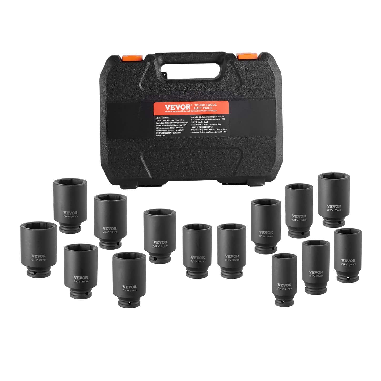 VEVOR 14-Piece Metric Axle Nut Impact Socket Set, 1/2" Drive, 6 & 12-Point CR-V Deep Sockets with Case for Auto Repair