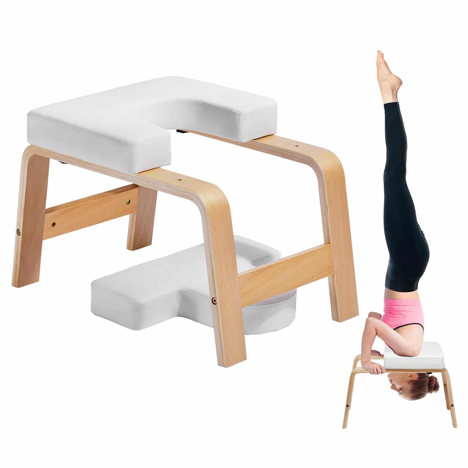 VEVOR Yoga Headstand Bench, 136 kg Capacity Inversion Chair with PU Cushion & Wood Frame, Home Gym Yoga Trainer, White