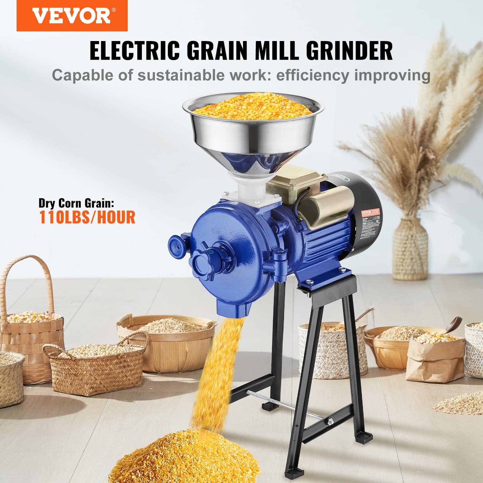 VEVOR 3000W Electric Grain Mill Grinder with Funnel – Adjustable Dry Powder Machine for Corn, Wheat, Cereal & Spices - Зображення 2