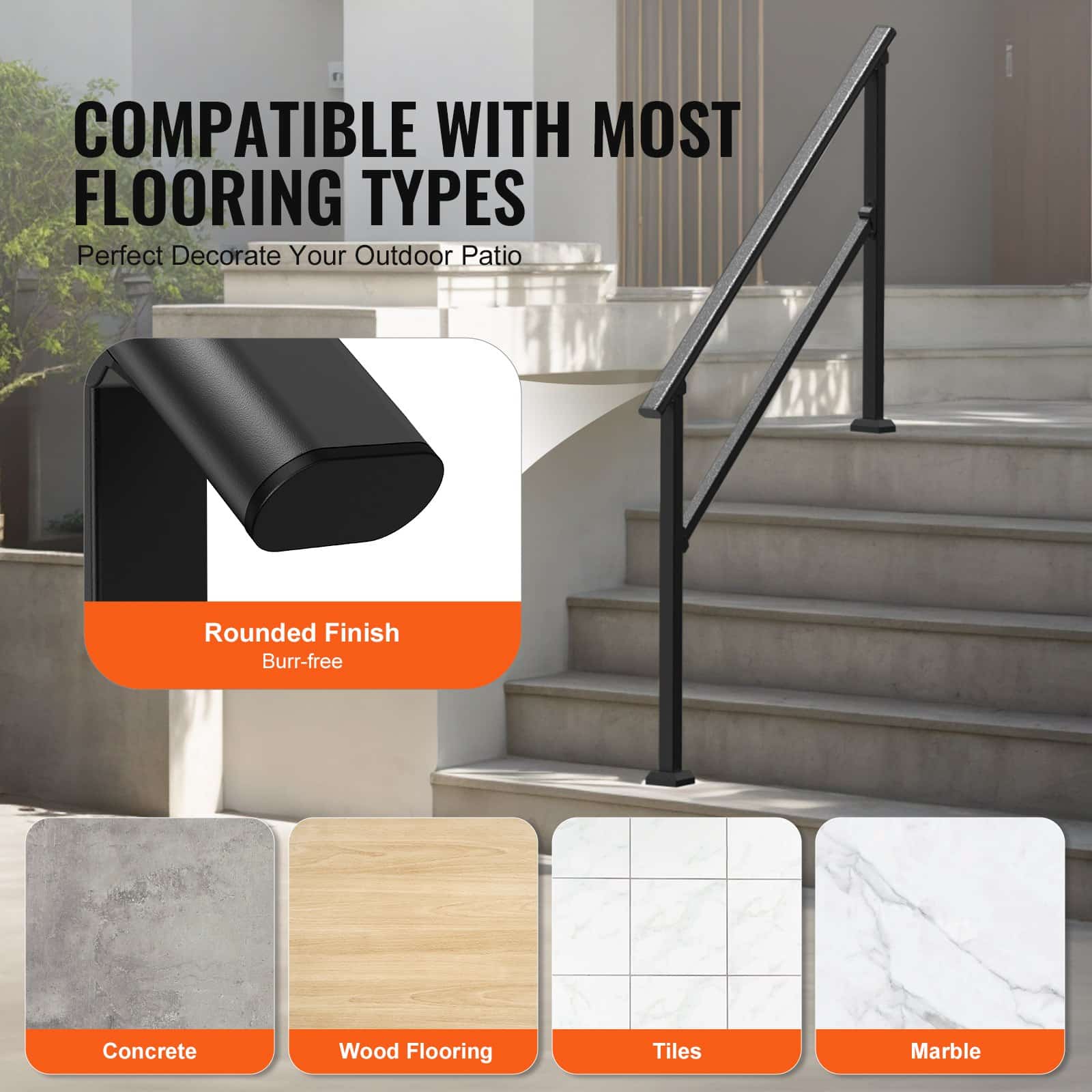 VEVOR Outdoor Stair Handrail Kit for 4–5 Steps, Black Carbon Steel, Adjustable 0–40°, with Installation Hardware, 100 kg Load - Image 5