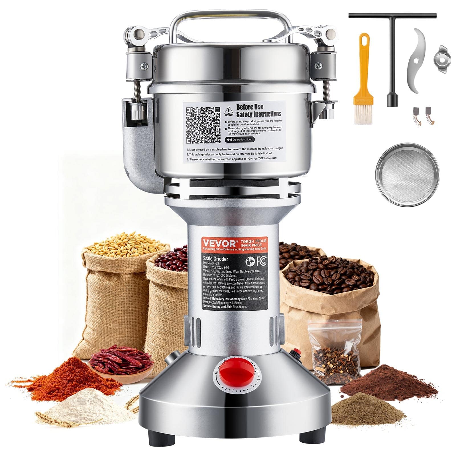 VEVOR 300г 1500Вт Електричний Зерновий Подрібнювач, Швидкісний Подрібнювач з Нержавіючої Сталі для Сухих Спецій та Кави
