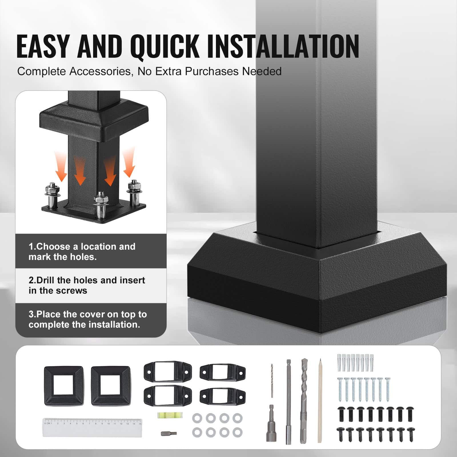 VEVOR Outdoor Handrails for 1-2 Steps, 2 PCS Black Steel Stair Rail Kit with Mounting Hardware, Safe for Seniors, 100 kg Load — изображение 4