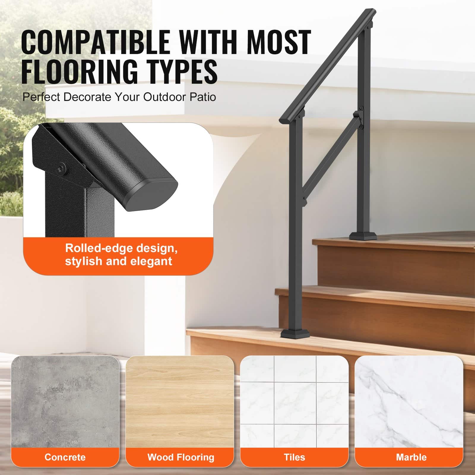 VEVOR Outdoor Handrails for 1-2 Steps, 2 PCS Black Steel Stair Rail Kit with Mounting Hardware, Safe for Seniors, 100 kg Load — изображение 5