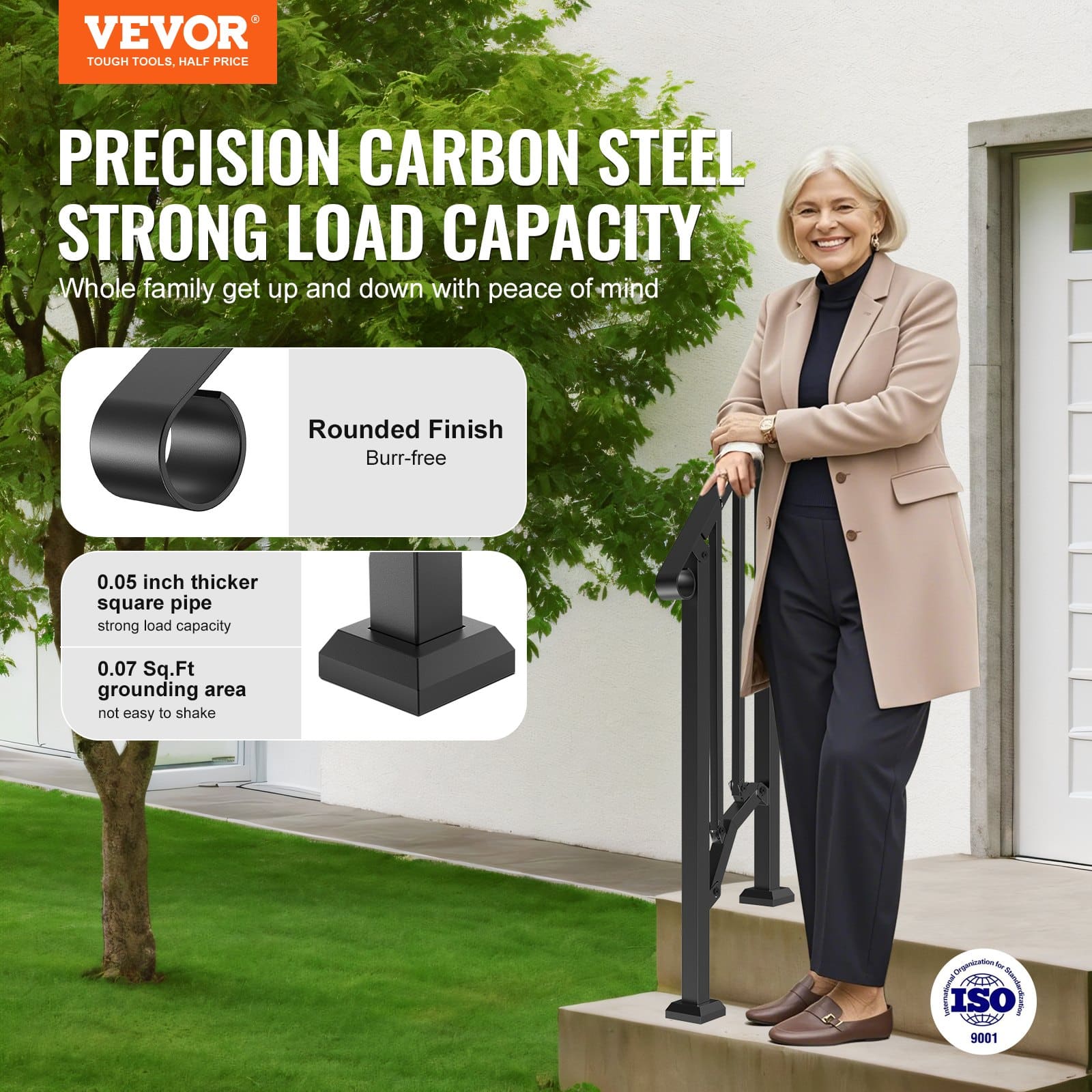 VEVOR Outdoor Stair Handrail for 1-2 Steps, Carbon Steel, Black Arch, Safety Rail with Installation Kit for Seniors & Kids - Image 2