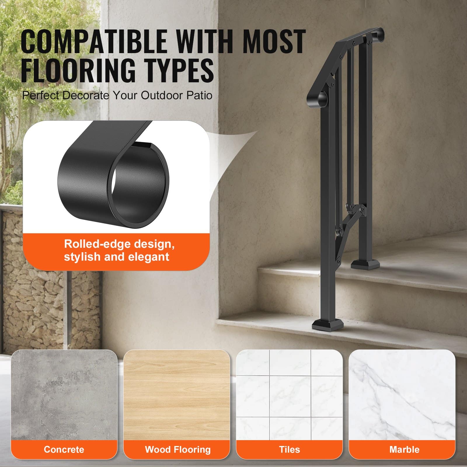 VEVOR Outdoor Stair Handrail for 1-2 Steps, Carbon Steel, Black Arch, Safety Rail with Installation Kit for Seniors & Kids - Image 5