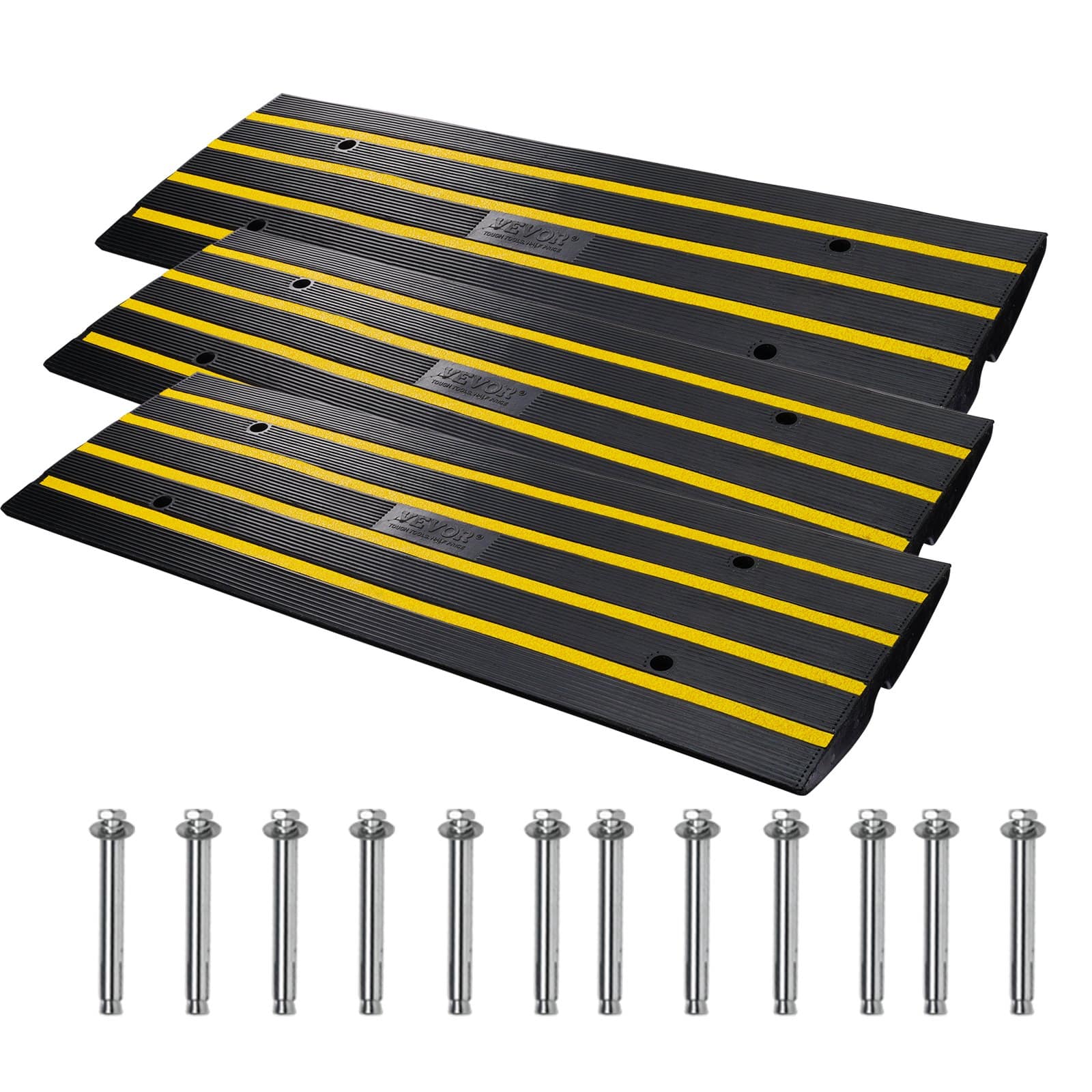 VEVOR Rubber Curb Ramp Set of 3, 6.5 cm Rise, 15T Load Capacity, 122x40.5 cm Driveway Threshold Ramp with Cable Channel