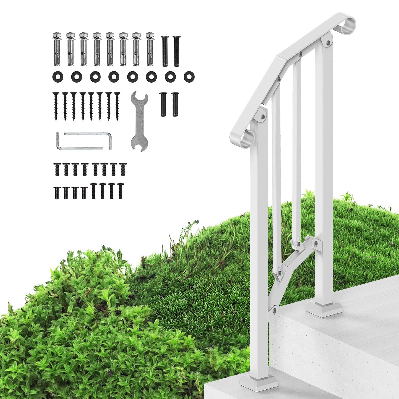 VEVOR White Retro Arch Outdoor Handrail for 1-2 Steps, Carbon Steel Stair Rail Kit with Hardware, for Seniors, Porch & Concrete