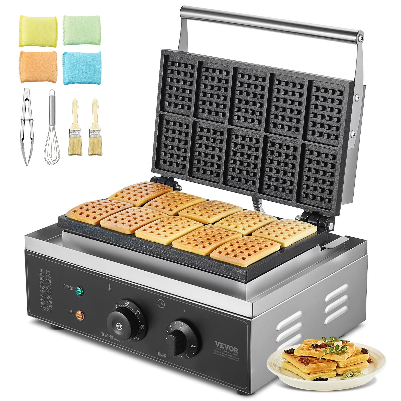 VEVOR 1550W Commercial 10-Slot Belgian Waffle Maker, Non-Stick Stainless Steel with Temp & Timer Control for Bakery & Restaurant