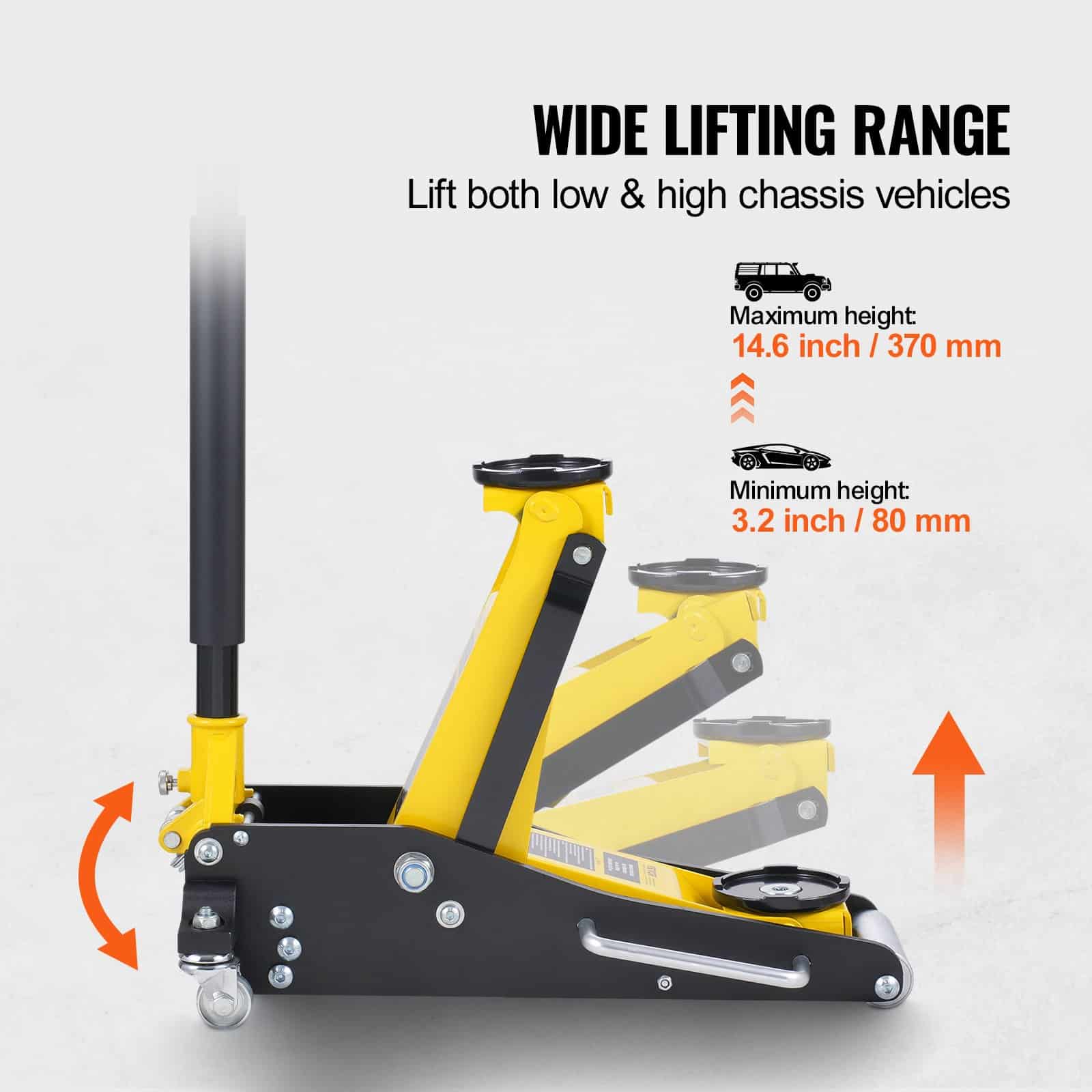 VEVOR 2 Ton Low Profile Hydraulic Car Jack, Aluminum Racing Floor Jack with Dual Piston Quick Lift, 80–370 mm Lift Height, Yellow - Pilt 3
