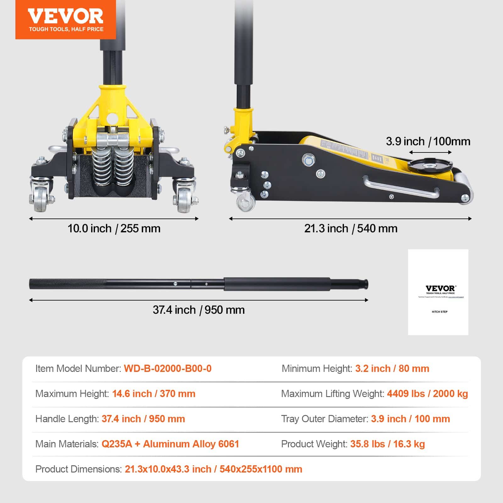 VEVOR 2 Ton Low Profile Hydraulic Car Jack, Aluminum Racing Floor Jack with Dual Piston Quick Lift, 80–370 mm Lift Height, Yellow - Pilt 7