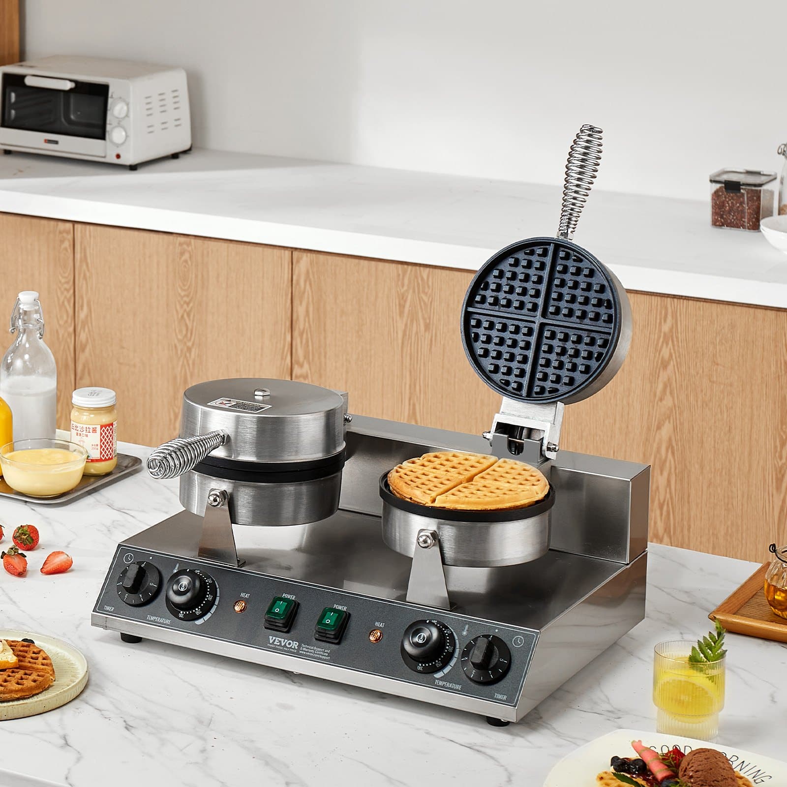 VEVOR Dual-Head Belgian Waffle Maker 2460W, Non-Stick Stainless Steel Waffle Iron with Temp & Timer Control for Home & Restaurant - Pilt 8
