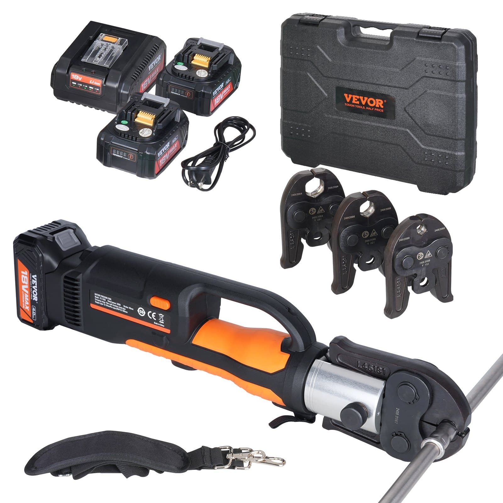 VEVOR Electric Pipe Crimping Tool Kit with 18V 4.0Ah Batteries, Fast Charger, V15/V22/V28 Jaws, OLED Display & Case