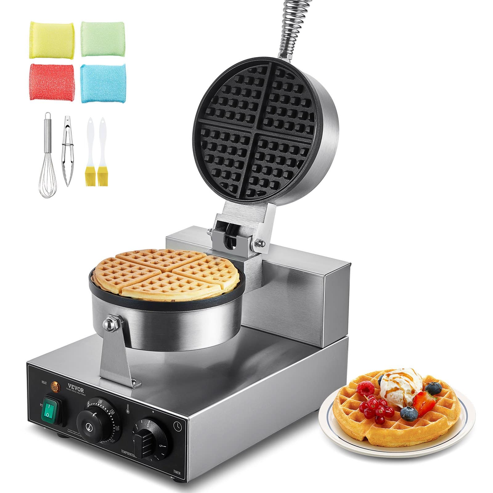 VEVOR 1230W Round Belgian Waffle Maker, Non-Stick Stainless Steel, Temp & Timer Control, for Home & Commercial Use