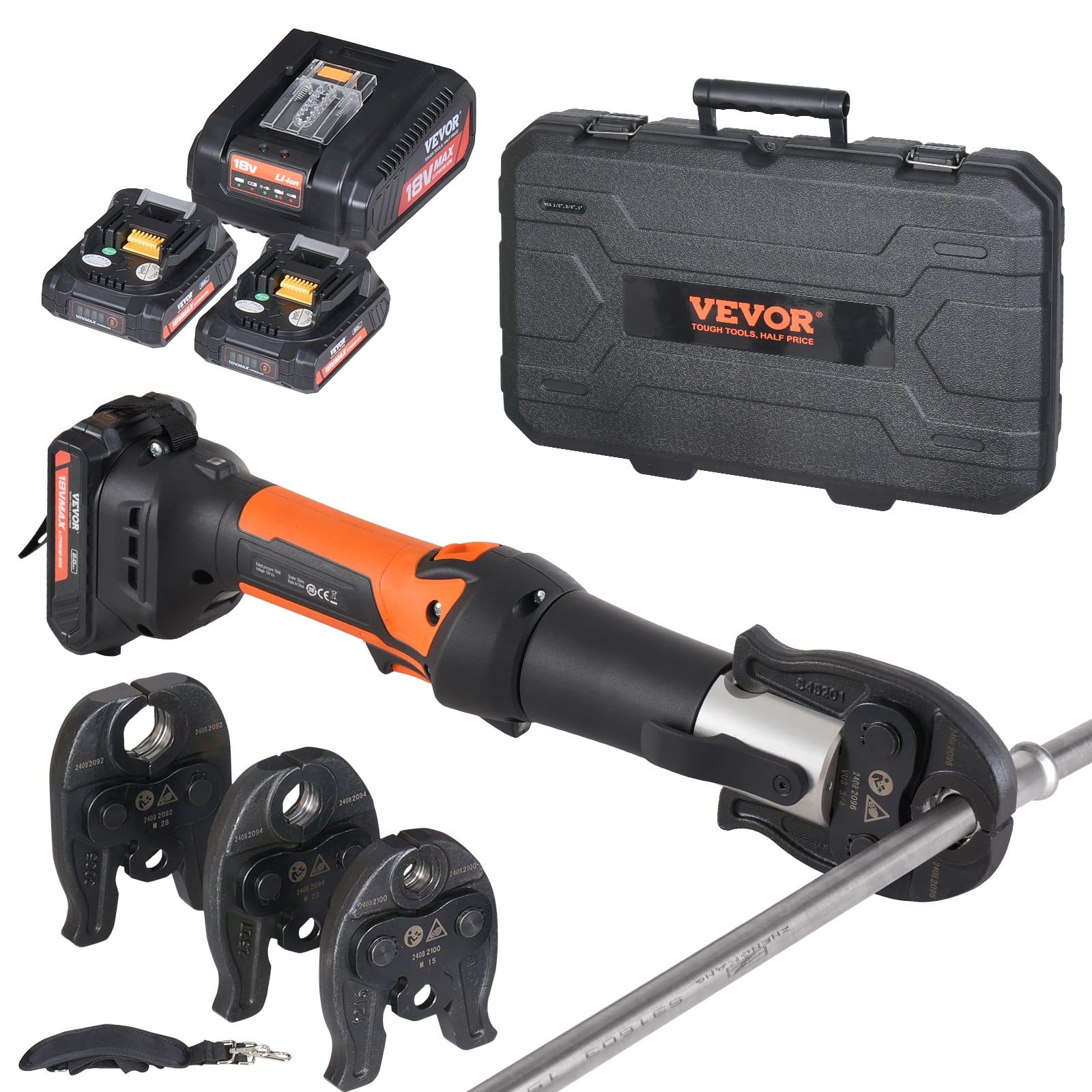 VEVOR Electric Pipe Crimping Tool Kit with V15/V22/V28 Jaws, 18V Batteries, OLED Display & Case – 30mm Stroke, 360° Rotating Head