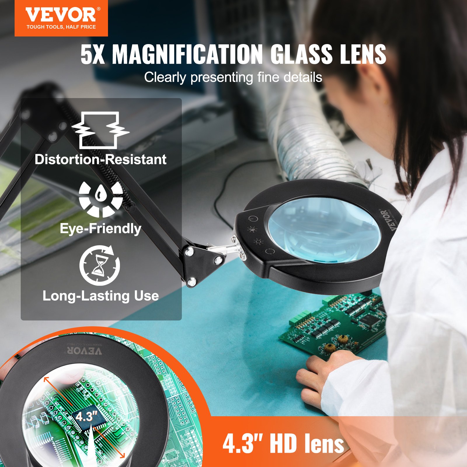 VEVOR 3-in-1 LED Magnifying Floor Lamp with 5X Glass Lens, Adjustable Height & Arm, 5 Color Modes, for Reading & Crafts — Attēls 2