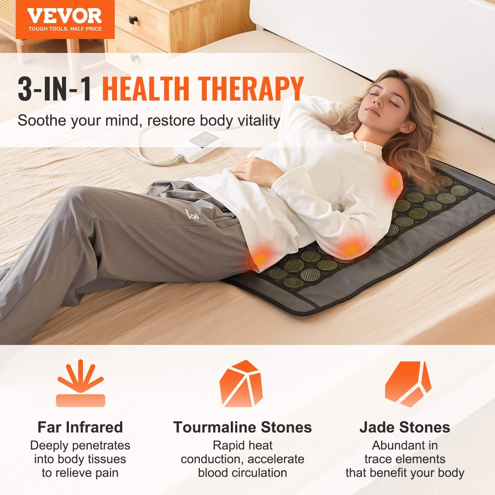 VEVOR Far Infrared Heating Pad with 48 Jade & 24 Tourmaline Stones, Smart Temp Control, Medium Size 80.5x55.9cm, Pain Relief - Pilt 2
