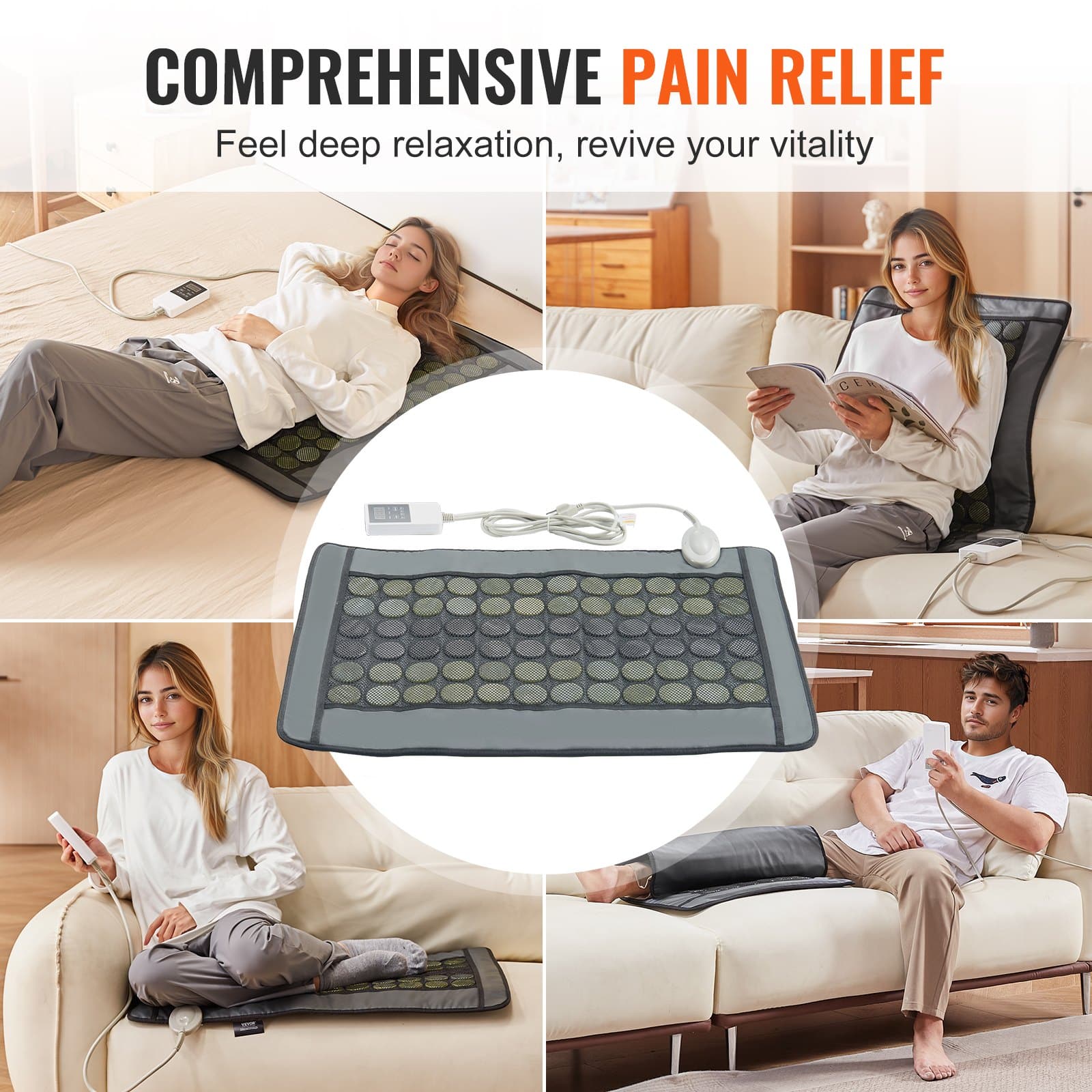 VEVOR Far Infrared Heating Pad with 48 Jade & 24 Tourmaline Stones, Smart Temp Control, Medium Size 80.5x55.9cm, Pain Relief - Pilt 6