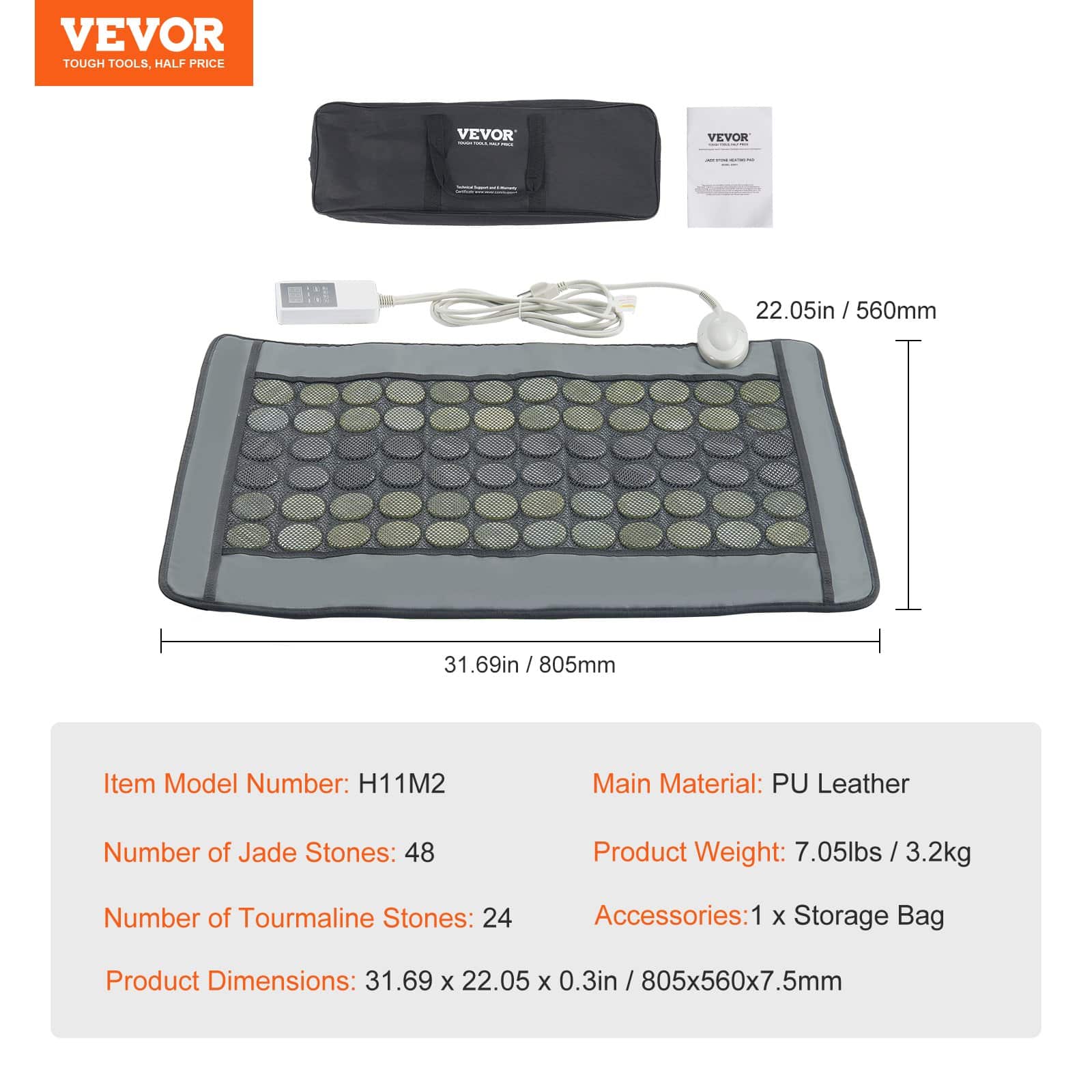 VEVOR Far Infrared Heating Pad with 48 Jade & 24 Tourmaline Stones, Smart Temp Control, Medium Size 80.5x55.9cm, Pain Relief - Pilt 7