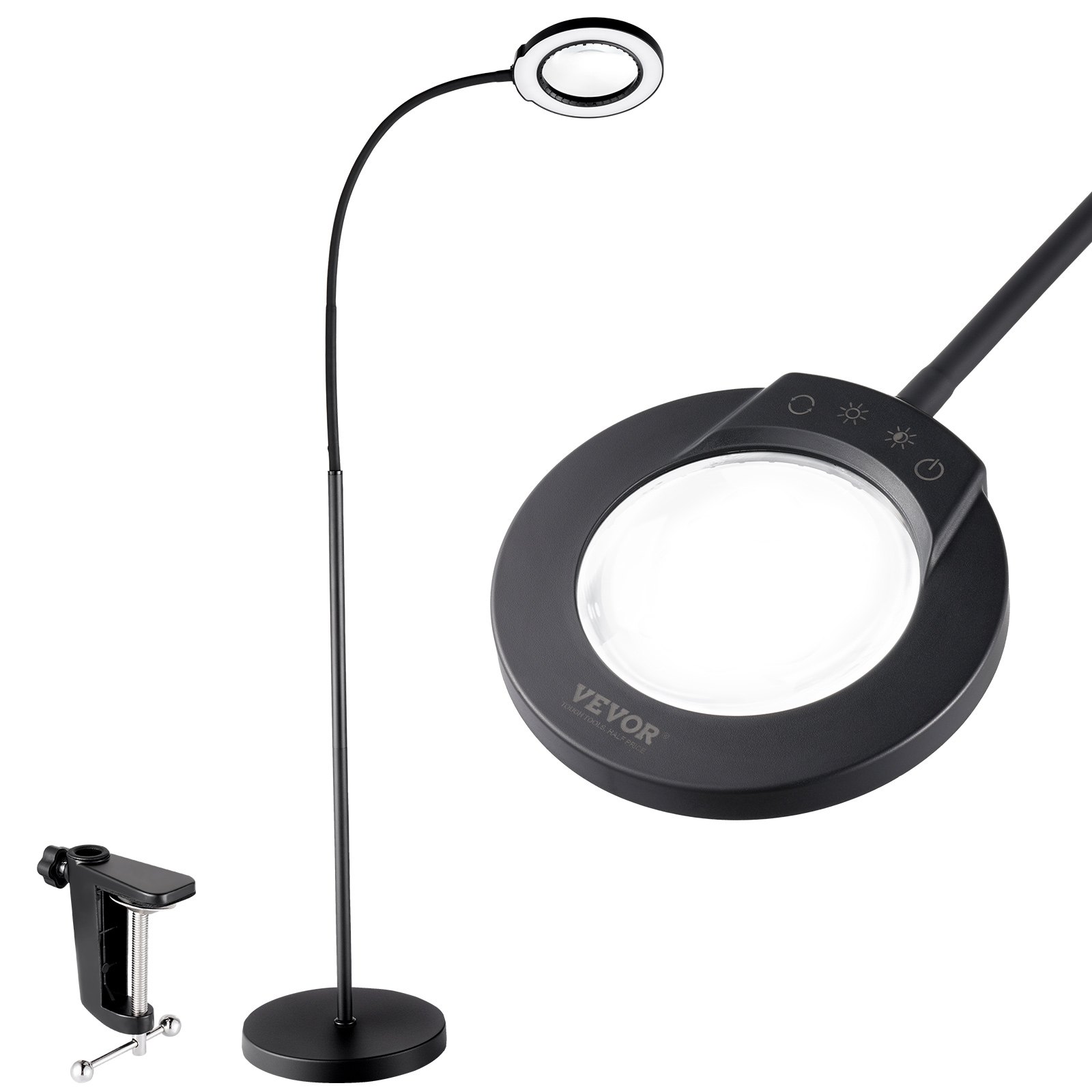 VEVOR 5X LED Magnifying Floor Lamp with 4.3" Glass Lens, Adjustable Height, 3-in-1 Clamp & Floor Use, 5 Light Modes for Reading & Crafts