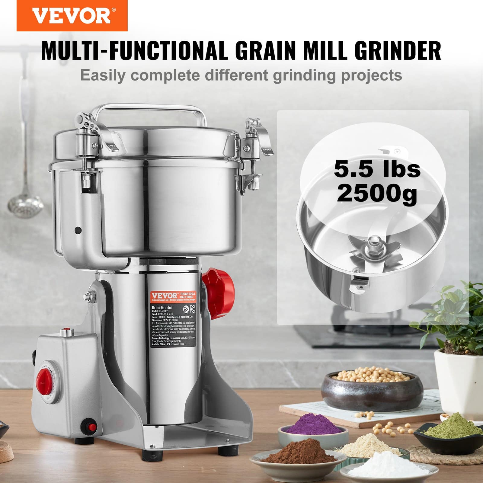 VEVOR 2500g Electric Stainless Steel Grain Grinder 3400W, Swing Type, High-Speed Dry Mill for Spices, Coffee, Corn, Cereals - Image 2