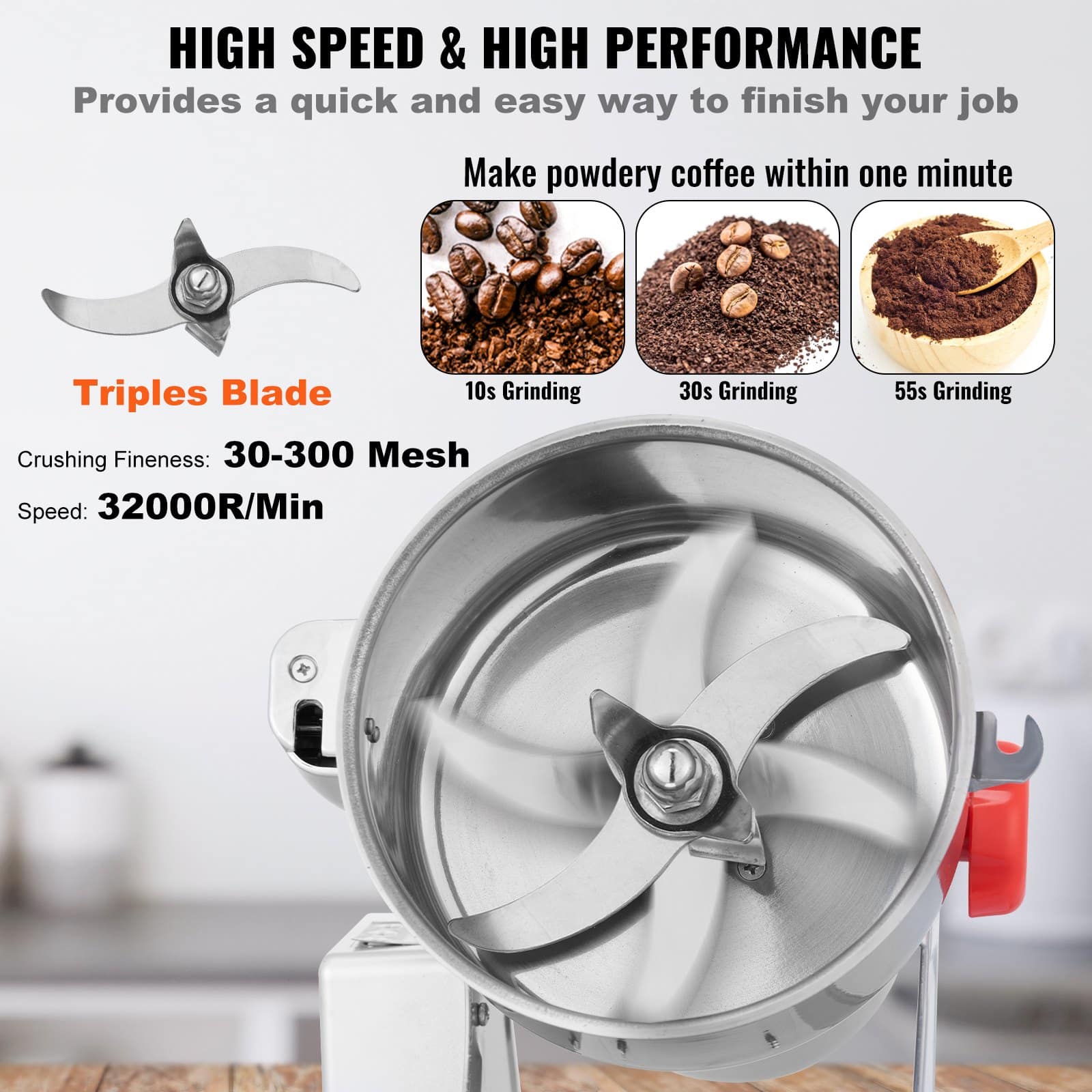VEVOR 2500g Electric Stainless Steel Grain Grinder 3400W, Swing Type, High-Speed Dry Mill for Spices, Coffee, Corn, Cereals - Image 4