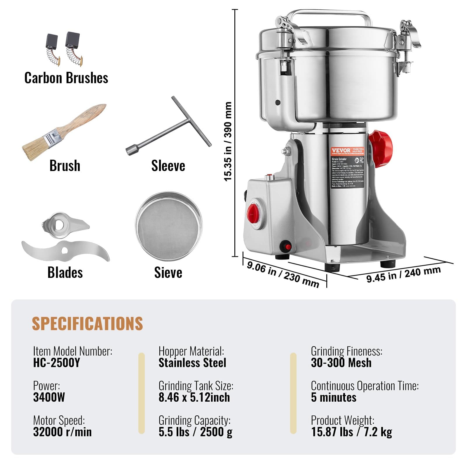 VEVOR 2500g Electric Stainless Steel Grain Grinder 3400W, Swing Type, High-Speed Dry Mill for Spices, Coffee, Corn, Cereals - Image 7