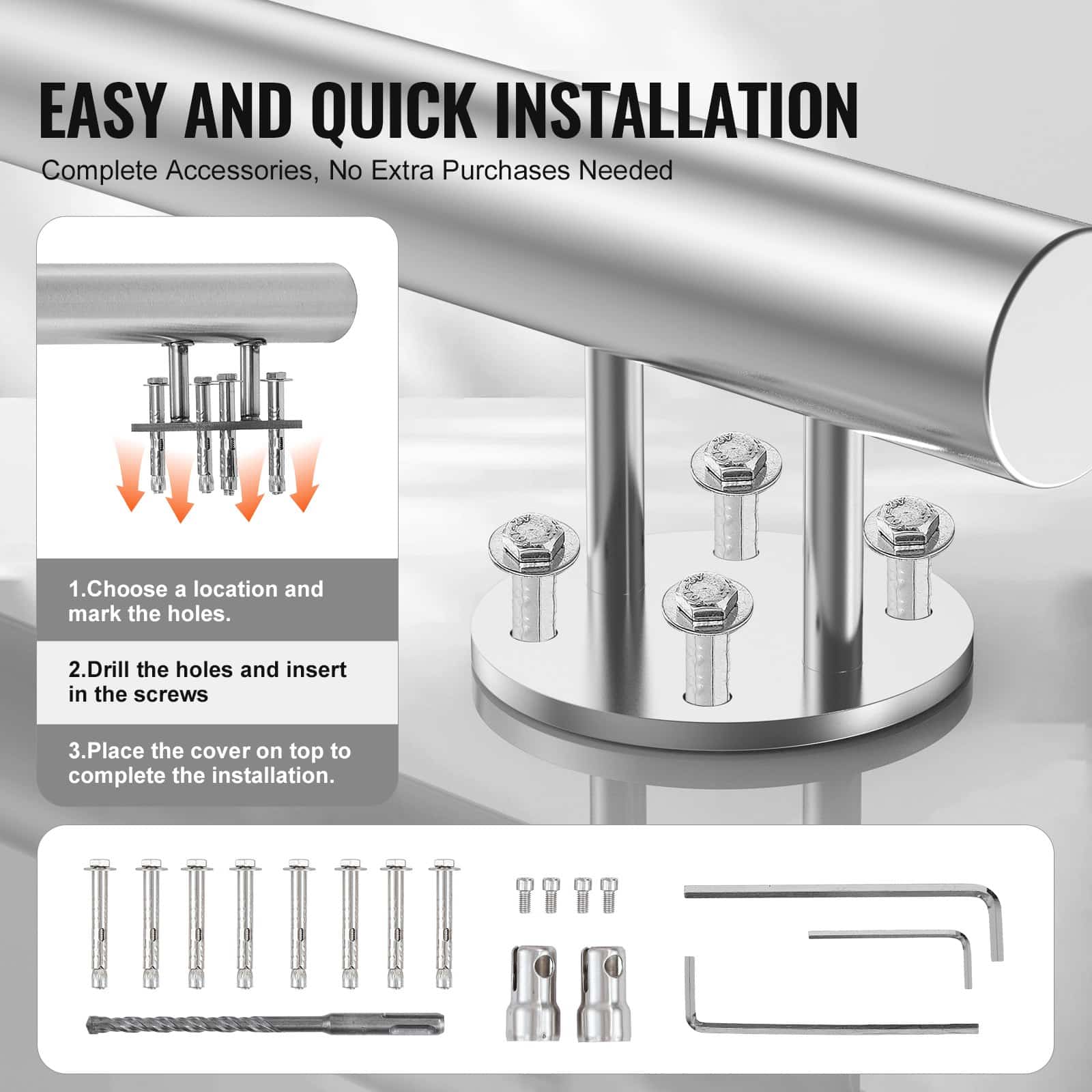 VEVOR 149.9 cm Stainless Steel Outdoor Stair Handrail, Side-Mount, Adjustable 0°-45°, Heavy-Duty 100 kg Capacity — изображение 4