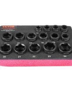 VEVOR 3/8" Drive Ultra-Short Impact Socket Set 15pcs 10–24mm, Cr-Mo Steel, 6-Point, Laser Marking, Organizer, Auto Repair