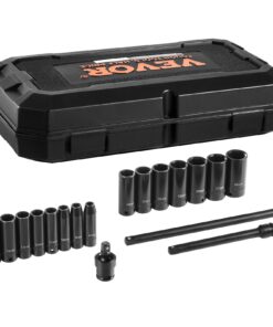 VEVOR 3/8in Drive 18-Piece Deep Impact Socket Set, 8–22mm Metric, CR-V Steel, 6-Point, with Case & Extensions