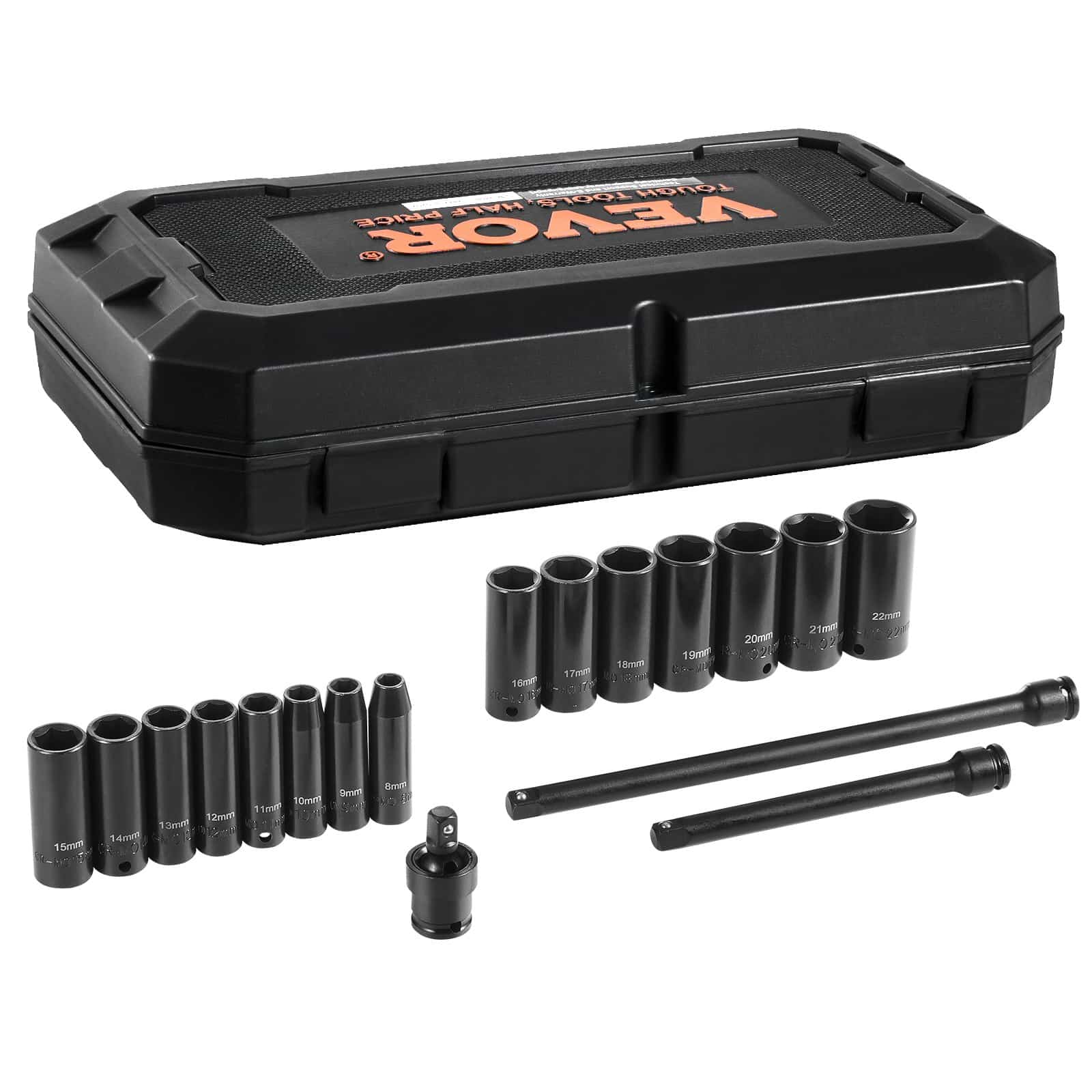 VEVOR 3/8in Drive 18-Piece Deep Impact Socket Set, 8–22mm Metric, CR-V Steel, 6-Point, with Case & Extensions