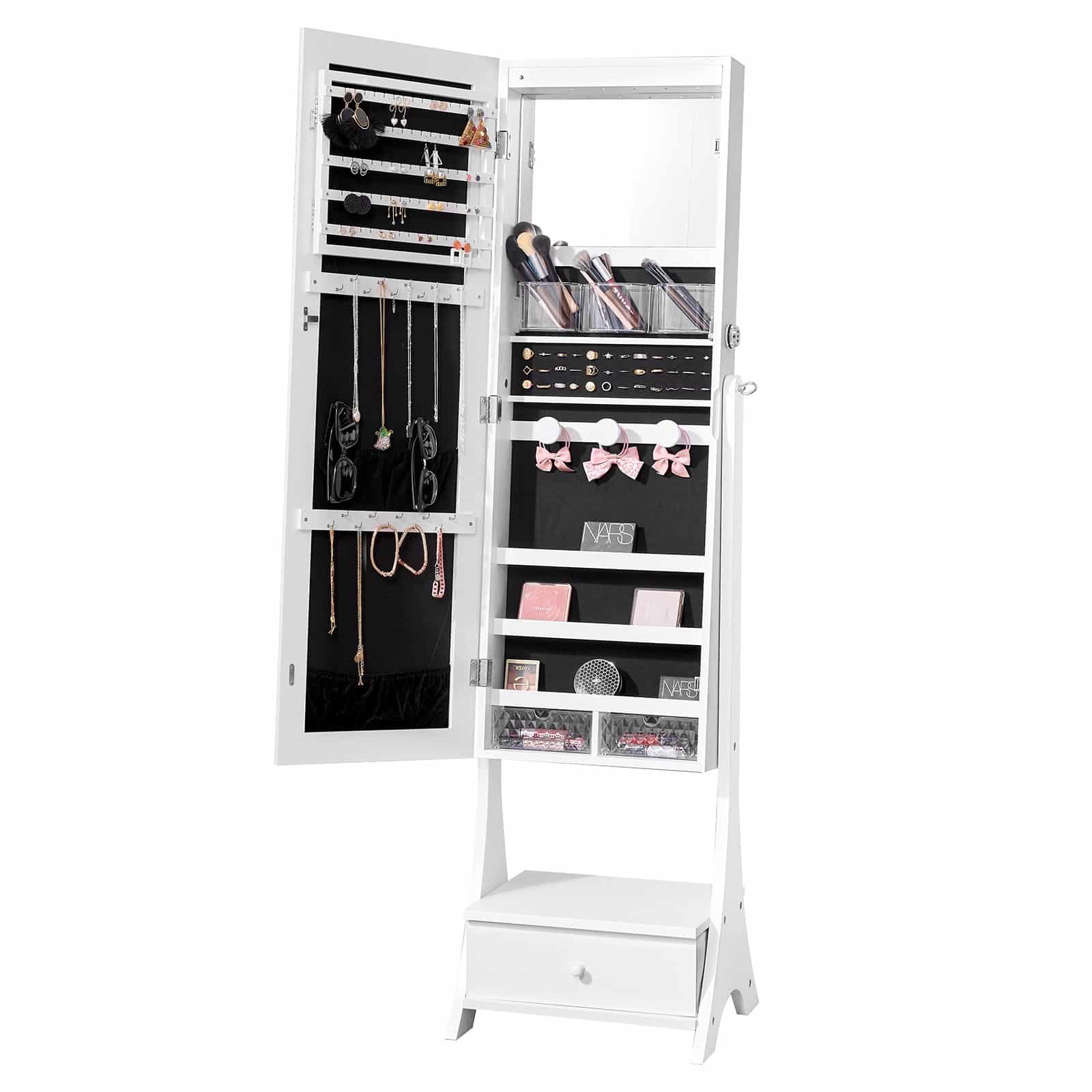 VEVOR 3-in-1 Lockable Standing Jewelry Cabinet with Full-Length Mirror, LED, Drawer & Velvet Lining, White