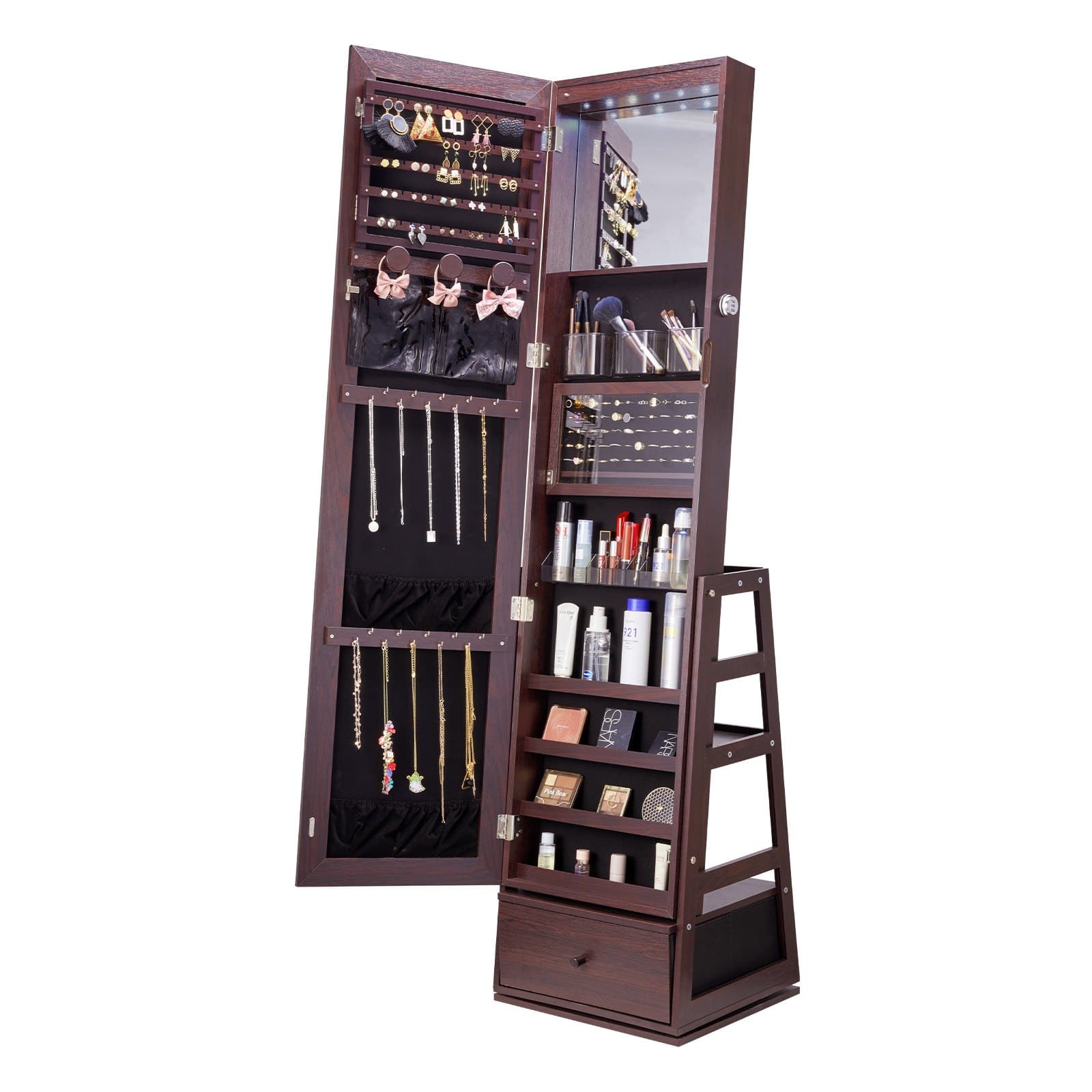 VEVOR 3-in-1 Lockable Jewelry Cabinet with Full-Length Swivel Mirror, LED Light, Velvet Lining & Drawer, Brown
