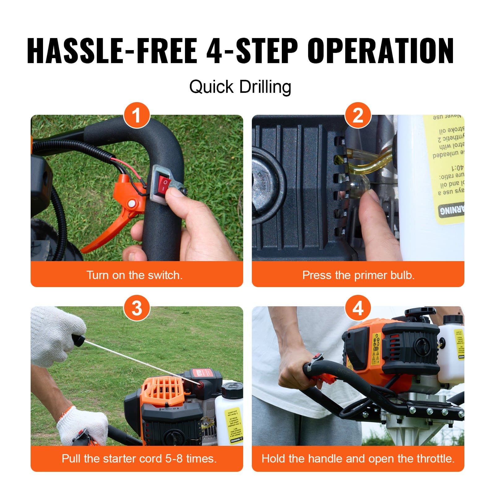 VEVOR 43cc 1250W Gas-Powered Earth Auger with 20cm Drill Bit, Post Hole Digger for Garden, Fence, Farmland - Orange/Black - Image 6