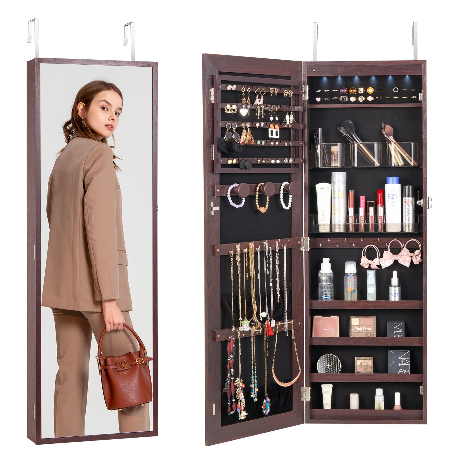VEVOR 108cm Lockable Jewelry Cabinet with LED, Full-Length Mirror, Wall/Door Mounted Organizer with Velvet Lining, Brown