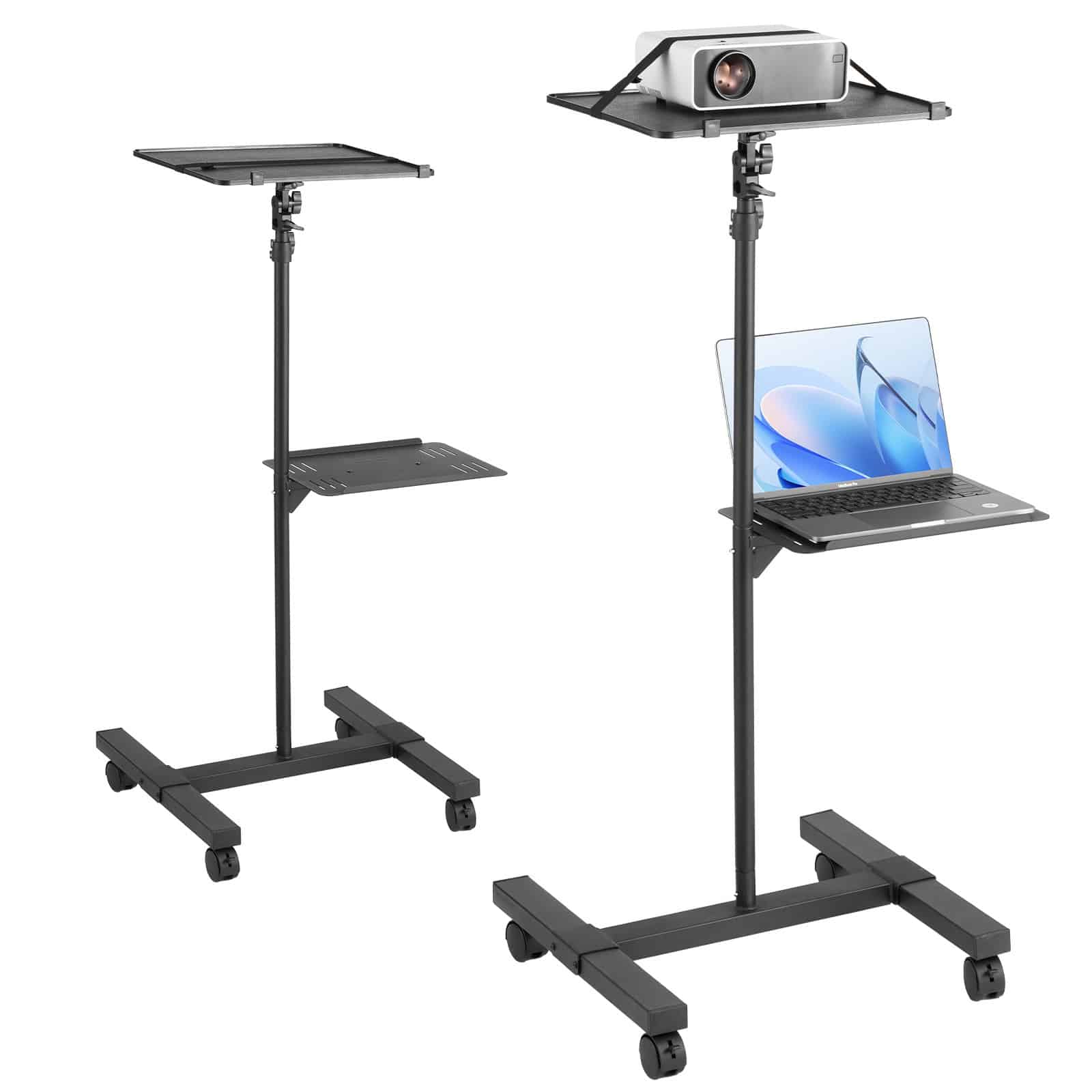 VEVOR Adjustable Projector Stand with Wheels, 58–145 cm Height, Dual Trays, for Home, Office, Studio, Outdoor Use, Black