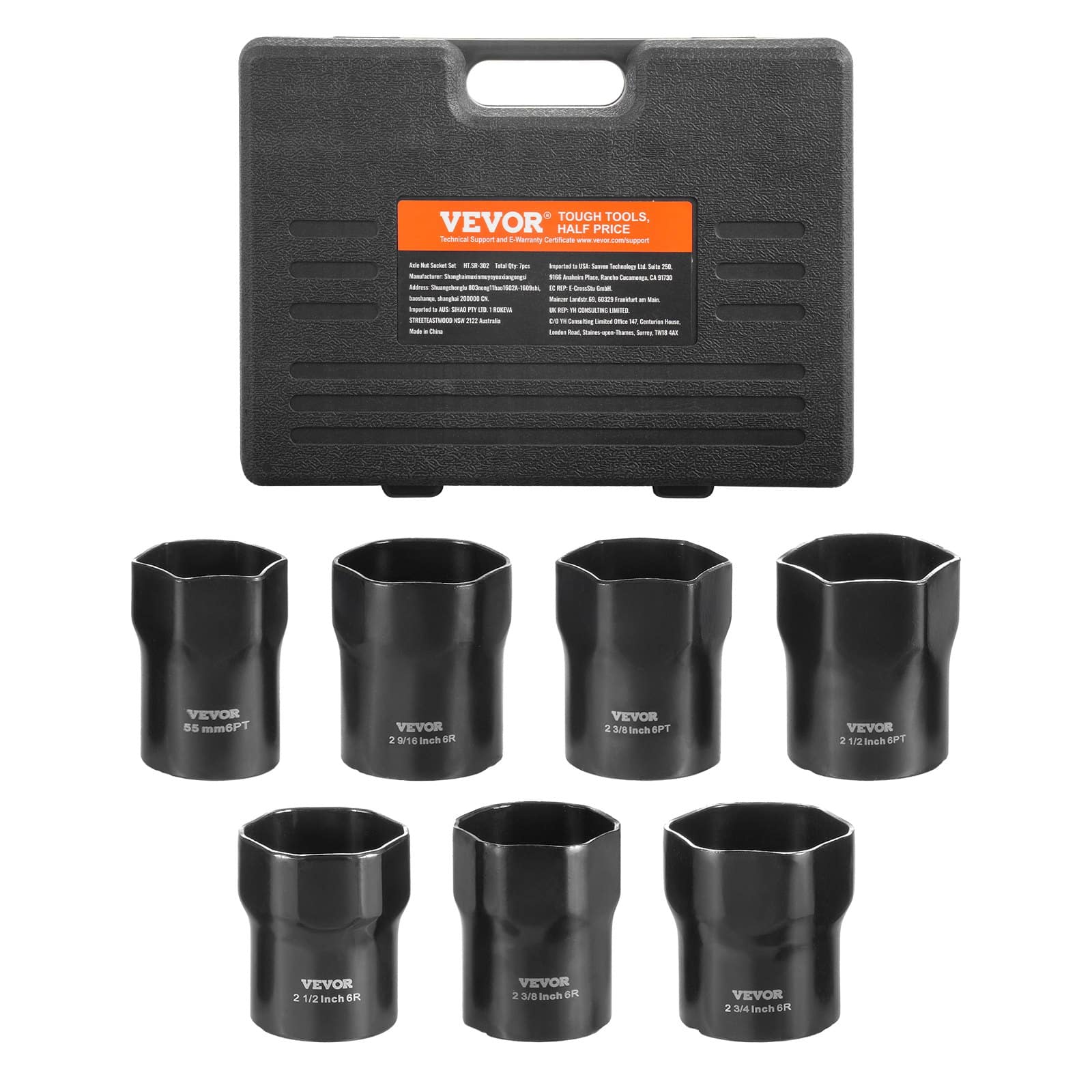VEVOR 7-Piece Wheel Bearing Locknut Socket Set, 1/2" Drive, 6-Point SAE & Metric for Ford/Dodge/Toyota, with Case