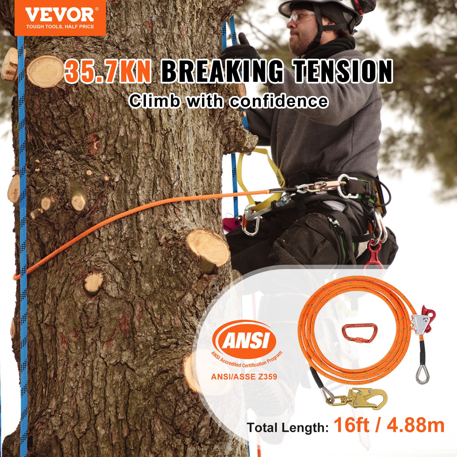VEVOR 12.7mm Steel Core Flipline 4.8m with Snap Hook & Carabiner, 30kN Tree Climbing Lanyard for Arborist Fall Protection – Paveikslėlis 2